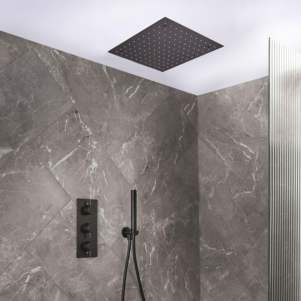 Milano Otto Thermostatic Mixer Valve 400mm Square Rainfall Shower Head Handset - Black