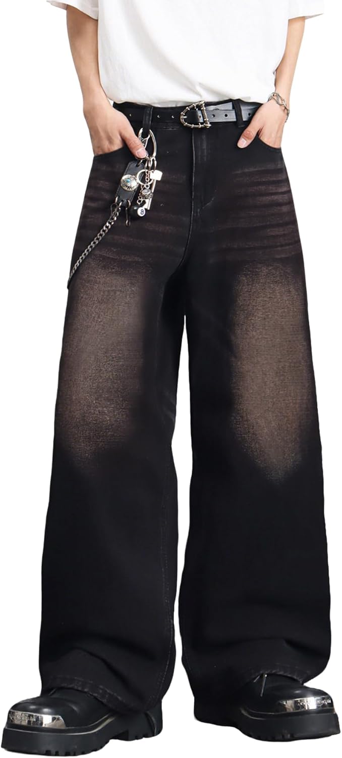 Mens Wide Leg Baggy Jeans Y2k Casual Fashion Loose Denim Pants Work Office Streetwear F10 Black X-Small