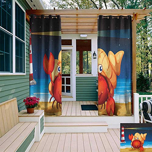 leinuoyi Crabs, Outdoor Curtain of Lights, Illustration of Marine Creature Under a Shell at The Beach at Night with a Lighthouse, Outdoor Curtain Set for Patio Waterproof W84 x L96 Inch Multicolor