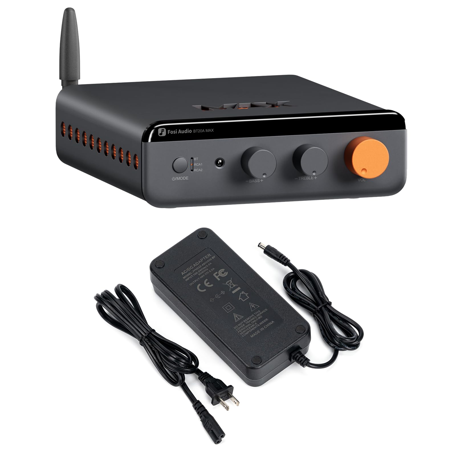 Fosi Audio BT20A MAX Amplificador de Potencia Estéreo, Amplificadores Audio HiFi de 300Wx2 con PFFB, LDAC Bluetooth 6.0 Amp, Fosi Audio 48V 5A Fuente de Adaptador