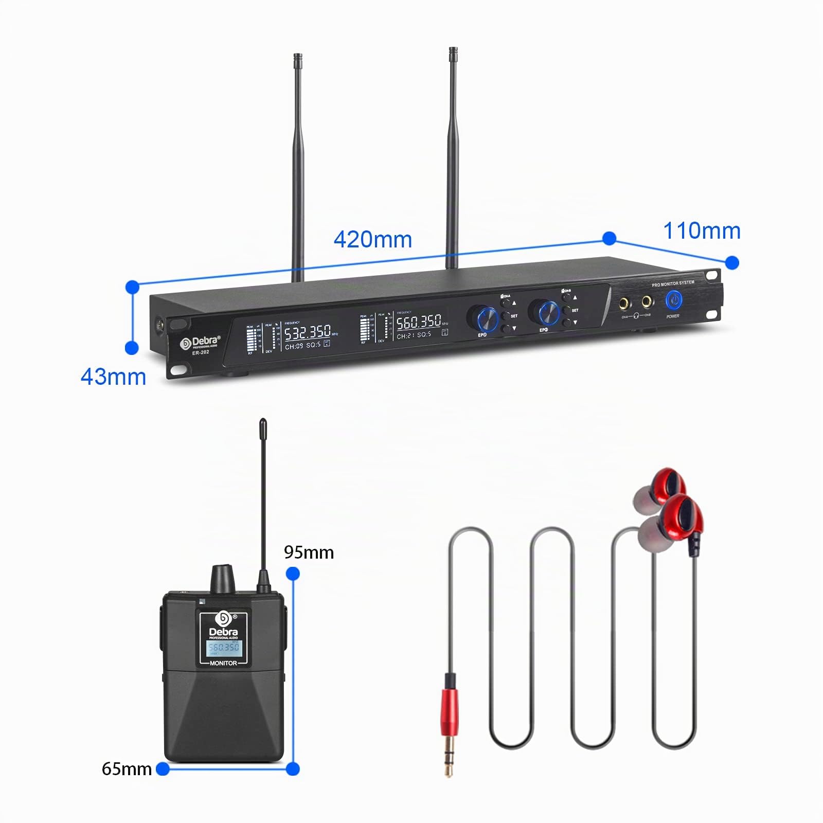D Debra ER-202 UHF, sistema di monitoraggio wireless a canale, in-ear con trasmettitore e ricevitore per palco, studio di registrazione, musicisti, monitoraggio (2 Bodypack con trasmettitore)