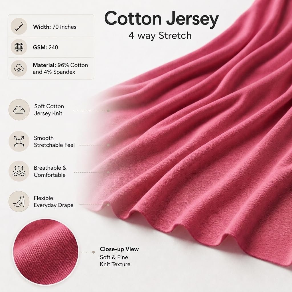 Soimoi Tela de punto de algodón con elasticidad en 4 direcciones, 5 yardas, 70 pulgadas de ancho, 240 g/m², suave y transpirable, 96% algodón, 4% elastano, ideal para camisetas