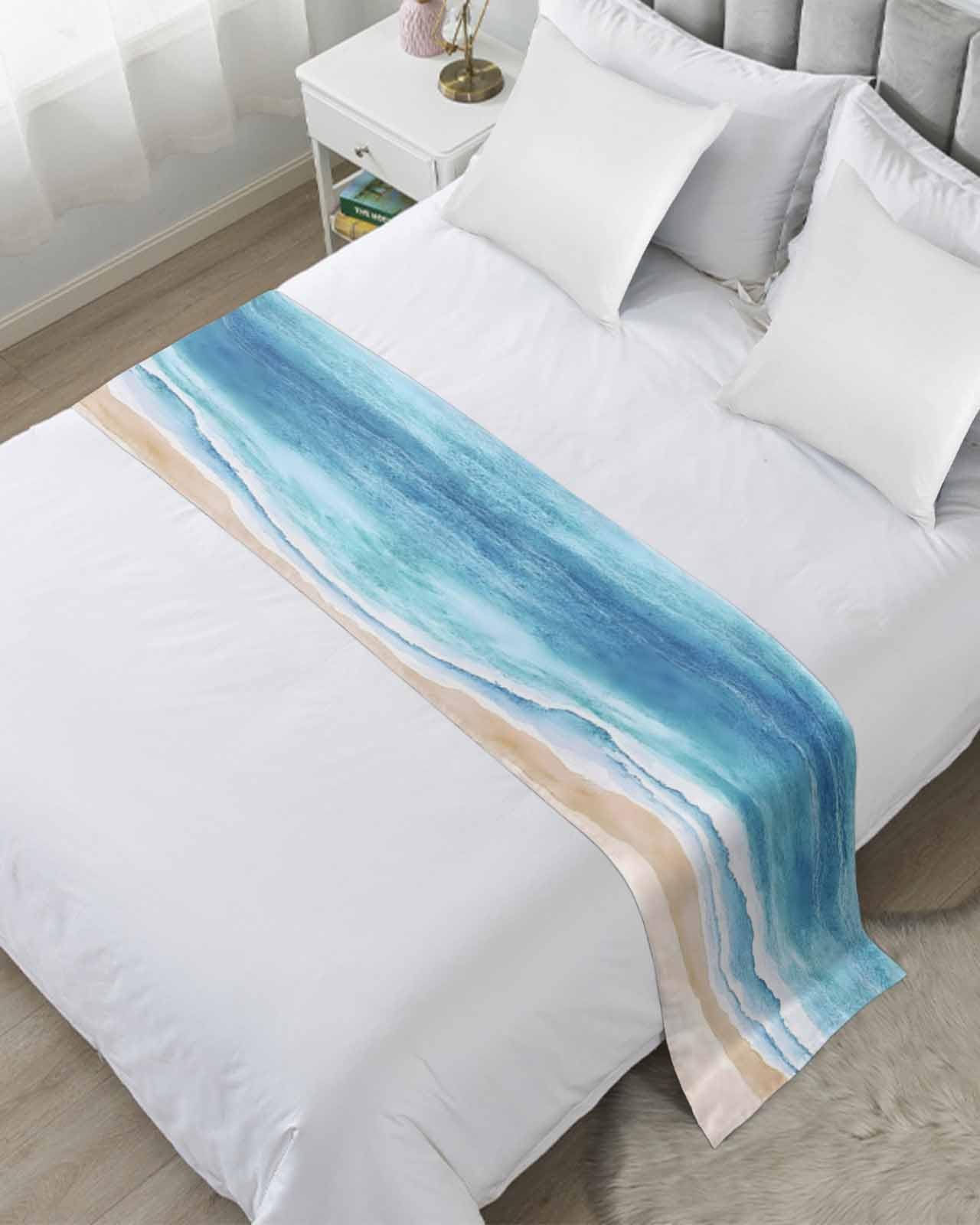 Yukro Gradient Bed Runner Scarf, Watercolor Ocean Wave Summer Beach Blue Brown Gradient Abstract King Bed Scarf Runner, No Fading Decorative Bedding Scarf for Bedroom Hotels Homes and Guestrooms