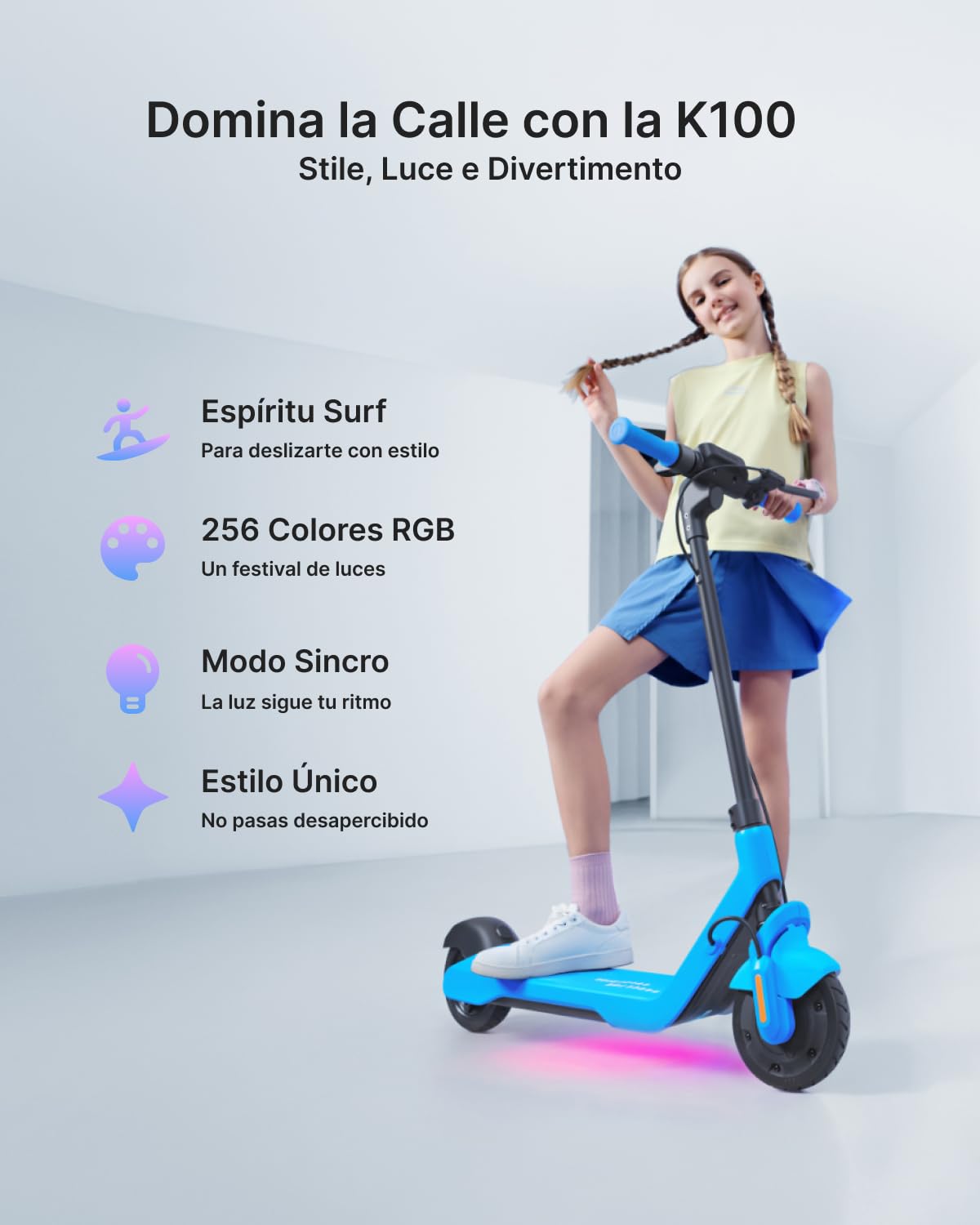 NAVEE K100 Patinete Eléctrico para Niños, Control Parental vía App | Autonomía de 14 km, 3 Modos de Velocidad 16 km/h, Luces RGB, Neumáticos Macizos de 7", para Niños de 6 a 10 Años