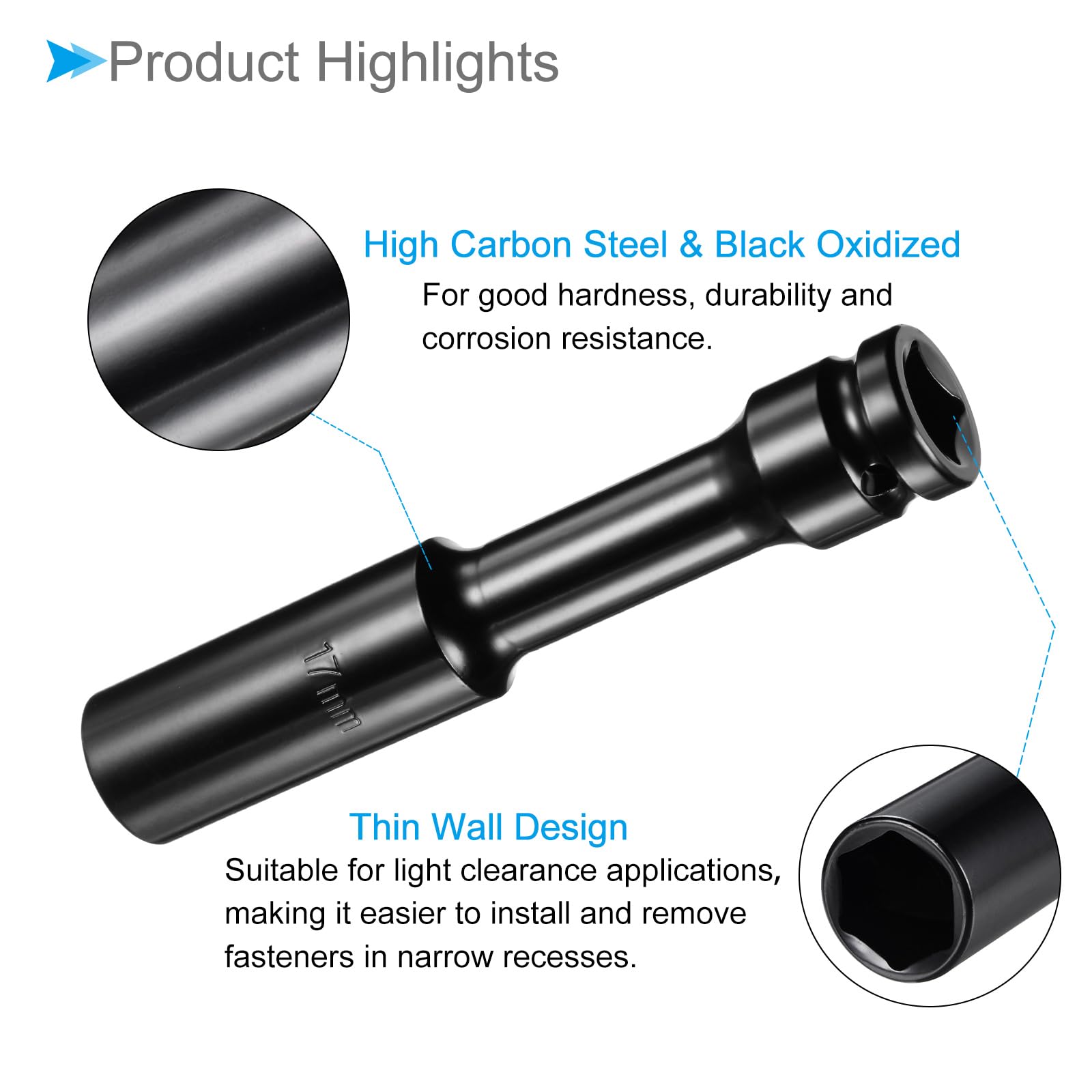 CoCud Thin Wall Deep Impact Socket, 1/2" Drive 17mm Socket, High Carbon Steel Metric 6-Point Socket - Image 4