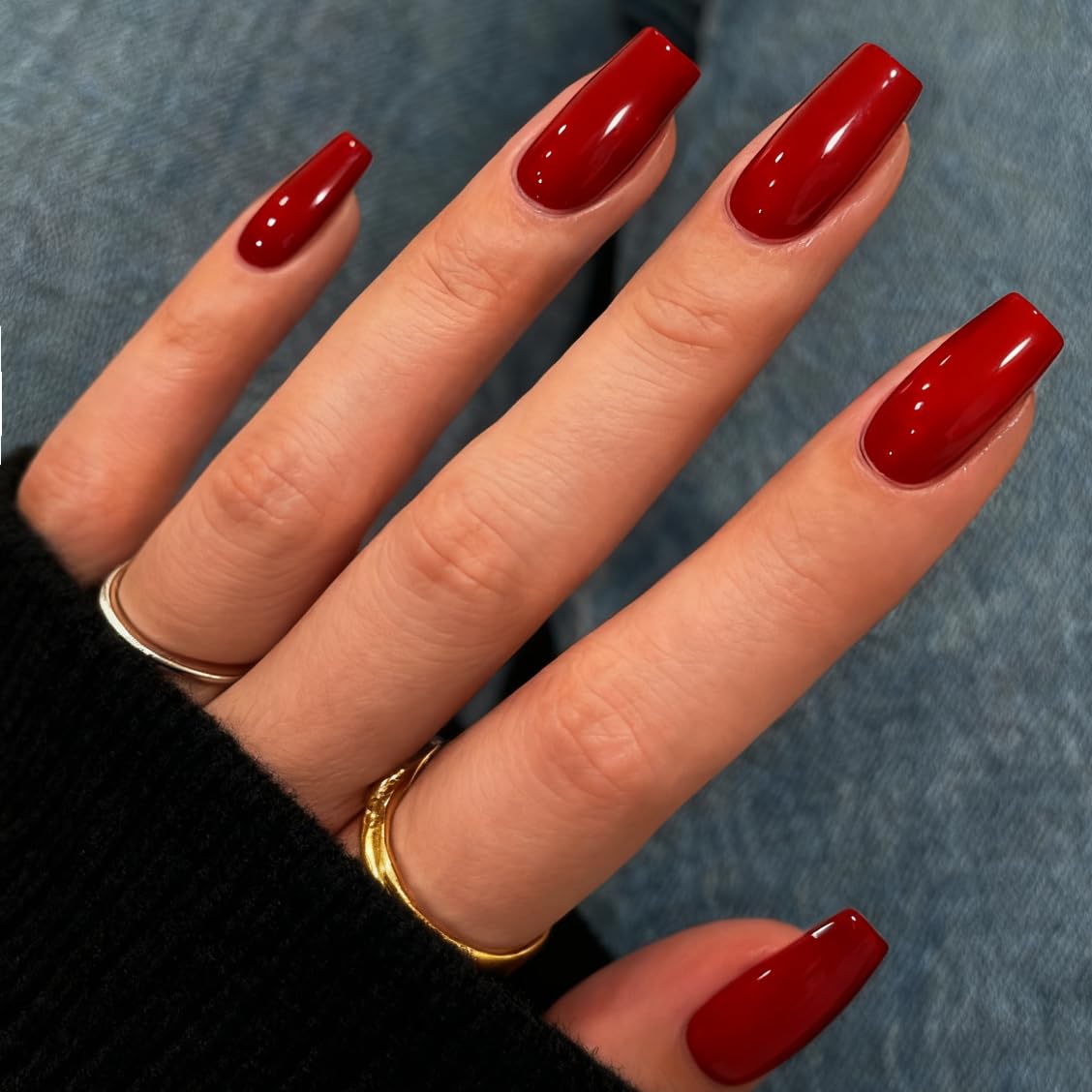 Red Press on Nails Long Square, Soft Gel Fake Nails Medium Coffin, Glossy Full Cover Press on Acrylic Nails with Nail Glue, Reusable Glue on Nail for Women, Easy to Apply, 24 Pcs