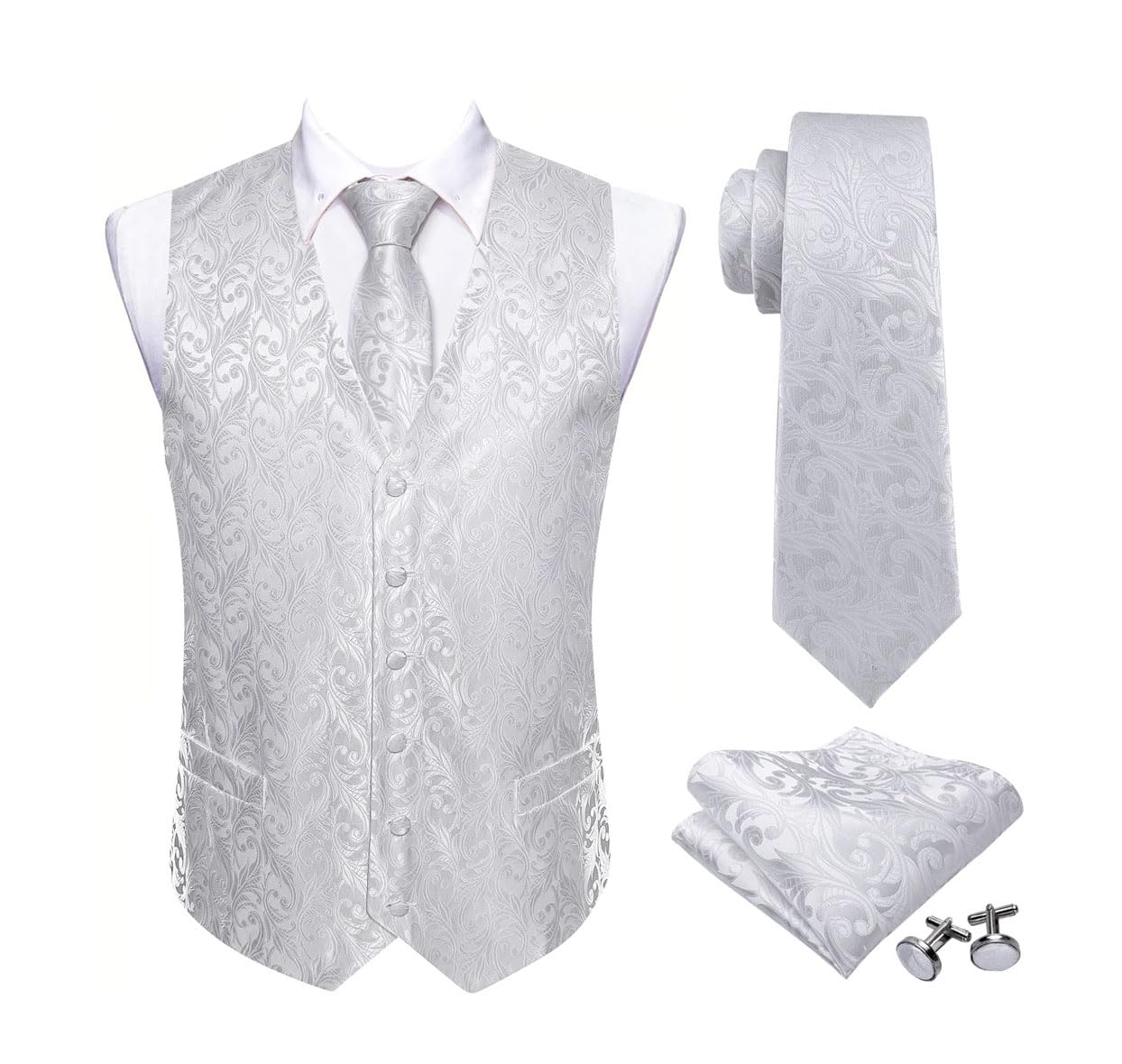Conjunto de chaleco de boda de seda para hombre con bolsillo cuadrado y gemelos para traje o esmoquin