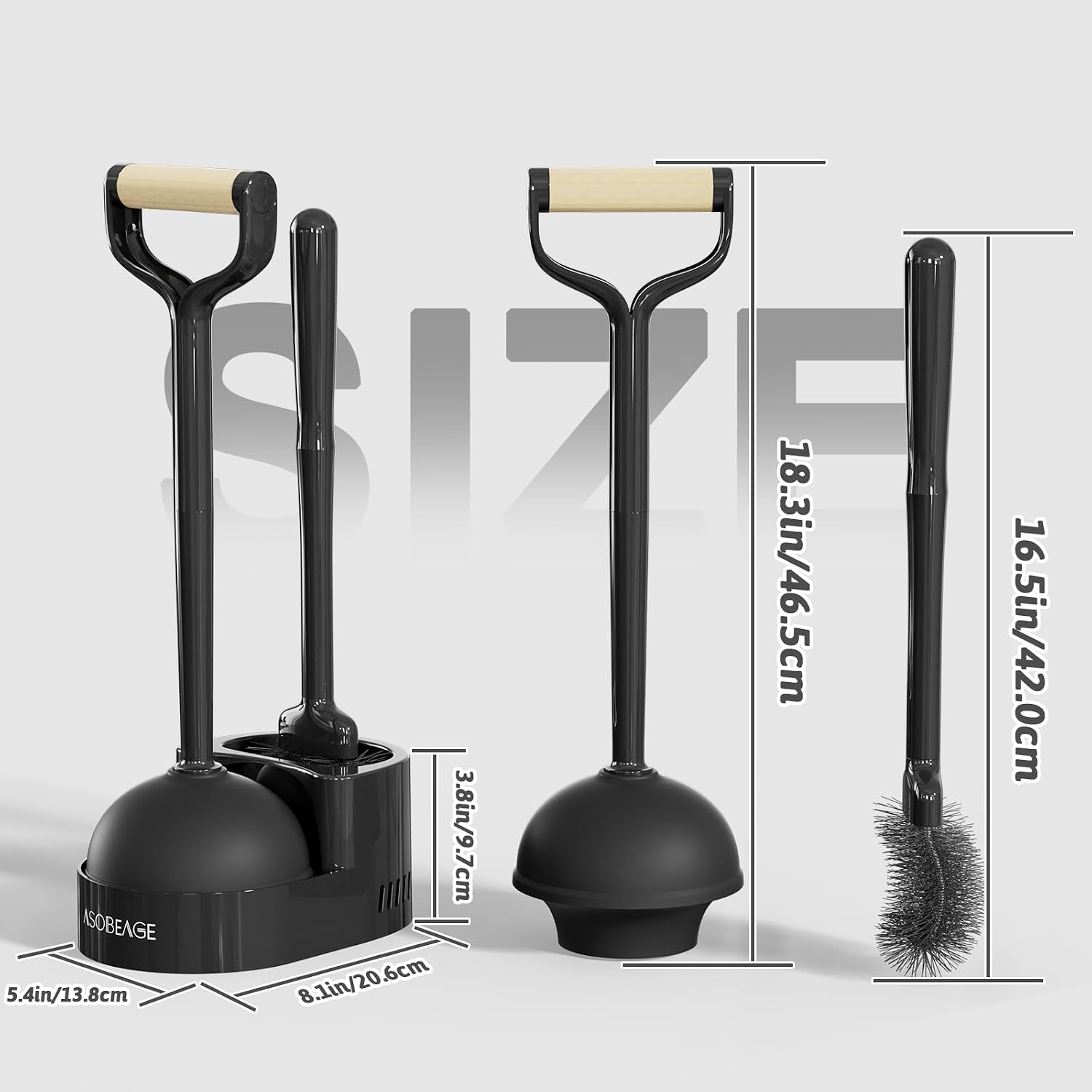 2-in-1 Toilet Brush Set with Natural Wood Handle: Toilet Brush with Nylon Bristles + Compact Holder - Eliminates Blockages Effectively, Black