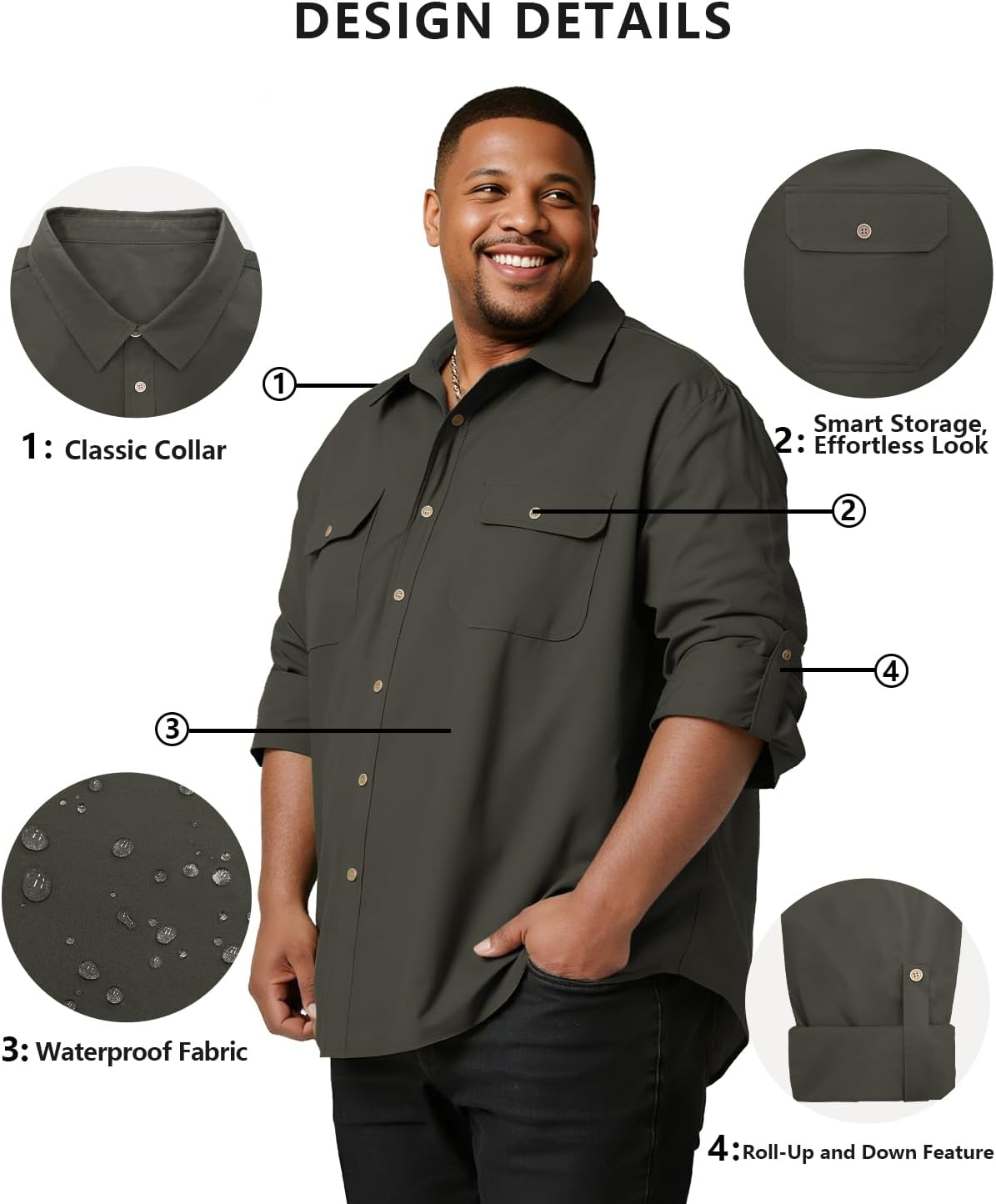 Big and Tall Shirts for Men,Button Down Work Shirt with Roll-Up Sleeves and Utility Pockets,Casual Outdoor Western Fit - Image 6