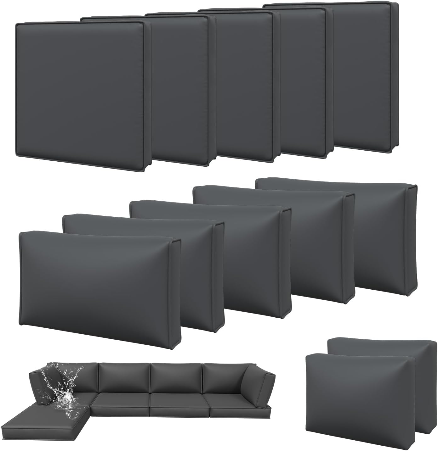 Aoxun 11pcs Patio Cushion Covers Replacement, Waterproof Outdoor Furniture Cushion Covers with Zipper and Non-Slip Bottom, Patio Sofa Couch 3 Sizes for Patio Sectional, Covers Only (Grey)