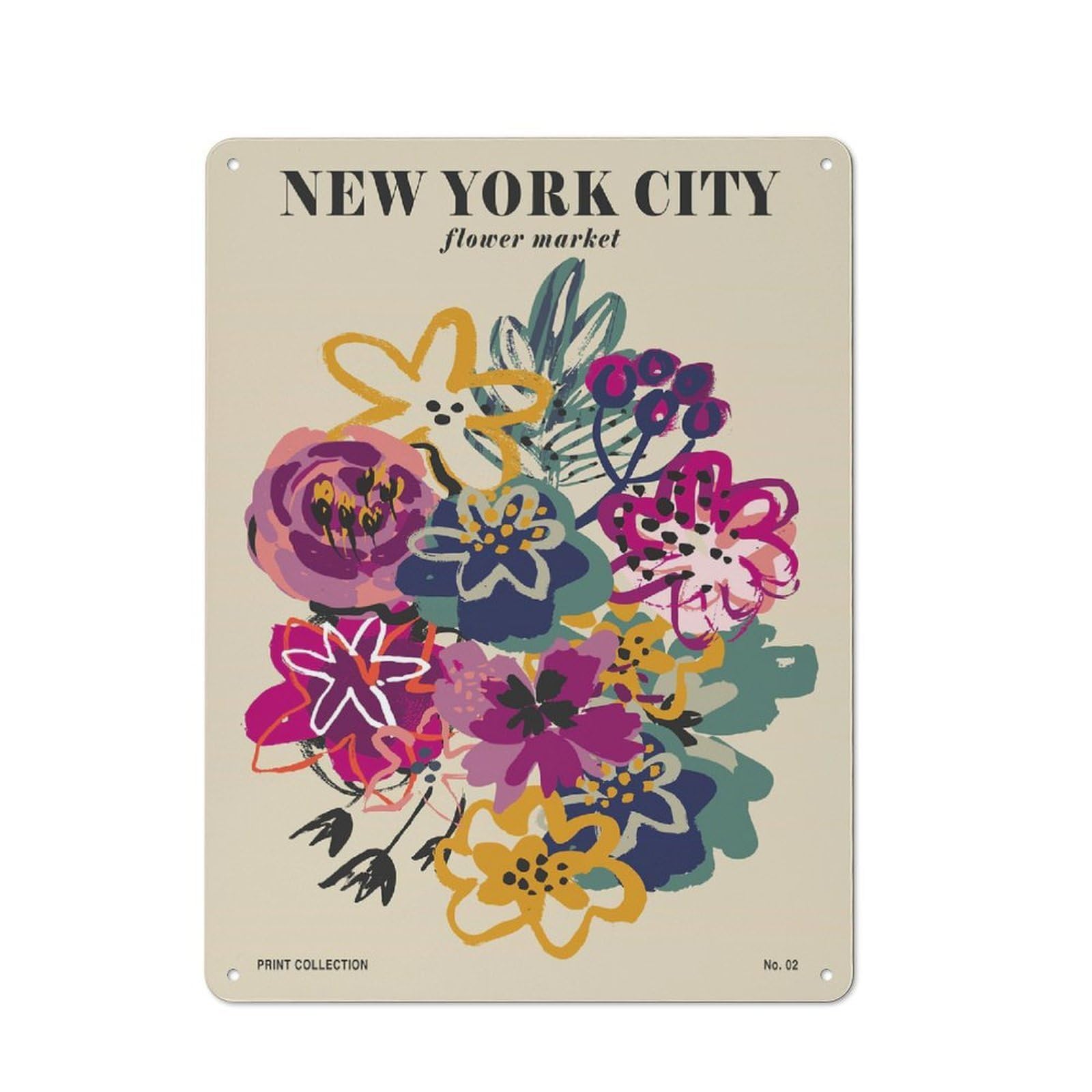 Junmoney Style-6 New York City Flower Market Print Understated Metal Wall Decor 40X30cm, Office Metal Sign For Office, Study, Studio Or Hallway