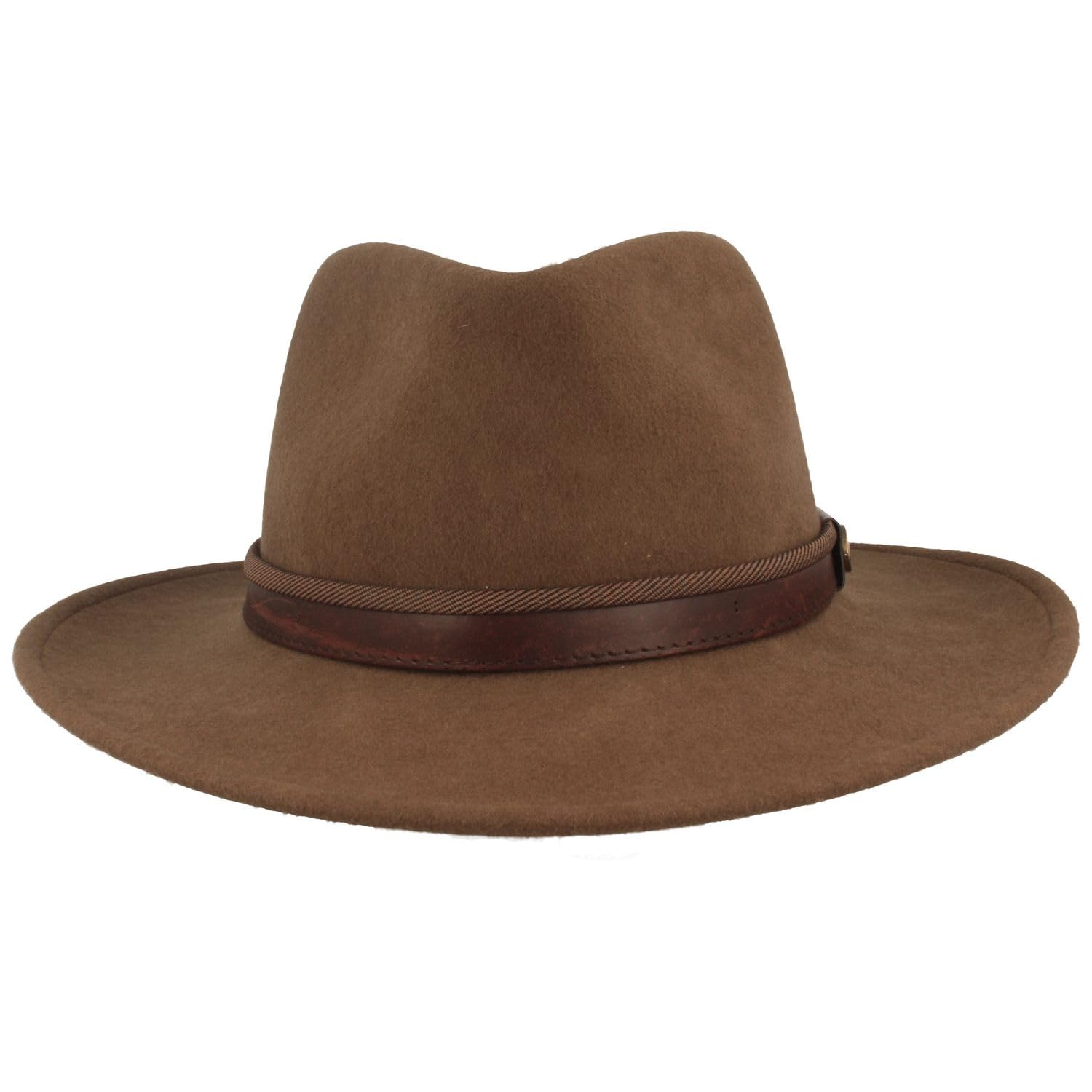 Breiter Sombrero Fedora Enrollable Trekking 100% Lana de Fieltro, Impermeable y Flexible, Ribete de Piel Cuero, Unisex (Color y Talla Elegir)