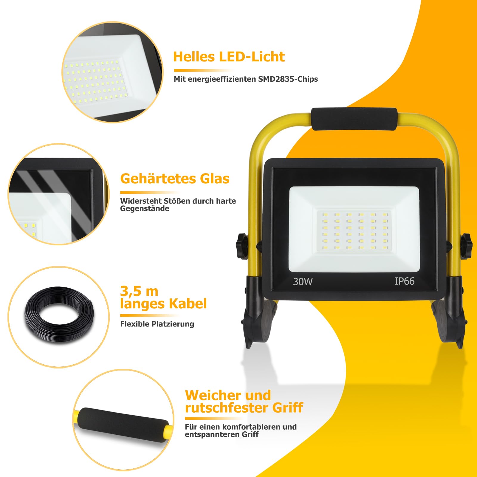 30W Led Baustrahler,3240LM Superhelle Arbeitsleuchte,Tragbares Baustrahler,6000K TageslichtWeiß,Ip66 Wasserdicht,Eu-Stecker Bauleuchten mit 3.5M Kabel und Schalter für Werkstatt,Garage,Garten