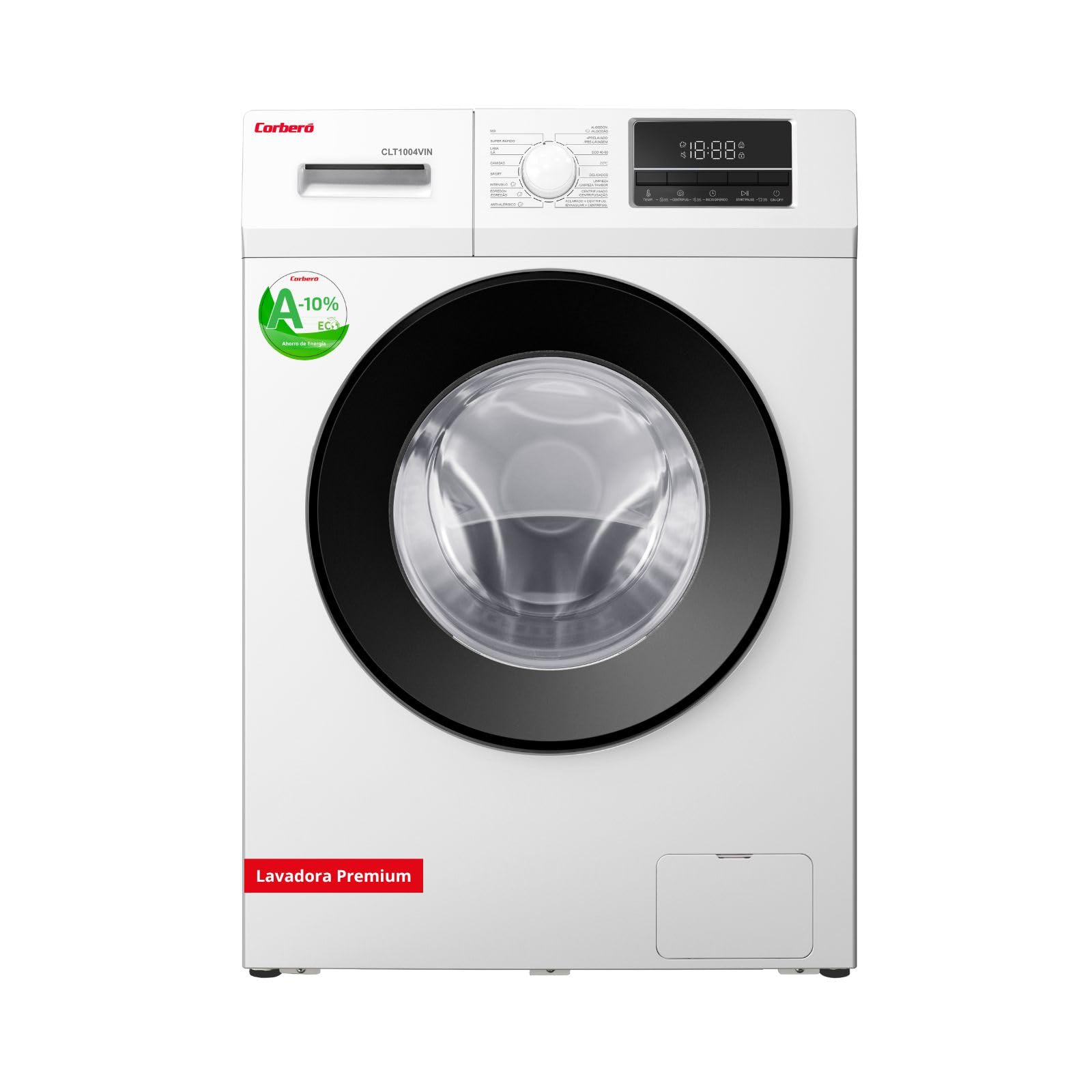 Corberó - Front Load Washing Machine | CLT1004VIN | 10 kg |1400 Rpm Motor Inverter | 16 Steam Programs | Delay Start 3-24 Hours | Quick Wash 15-30 Min | XXL Door | White
