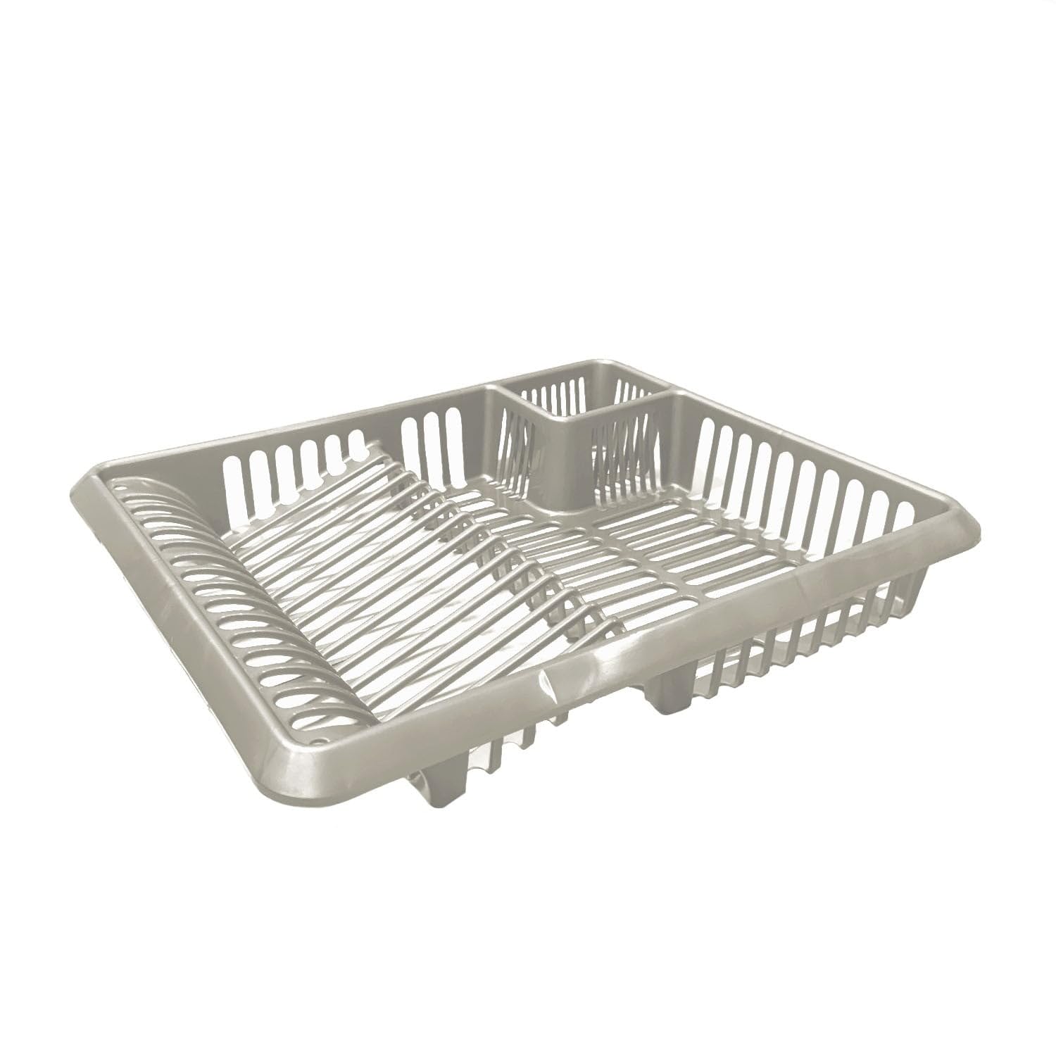 Optimal Products Large Plastic Dish Drainer Kitchen Rack Tidy Plate Cutlery Holder Sink Organiser UK (Taupe)
