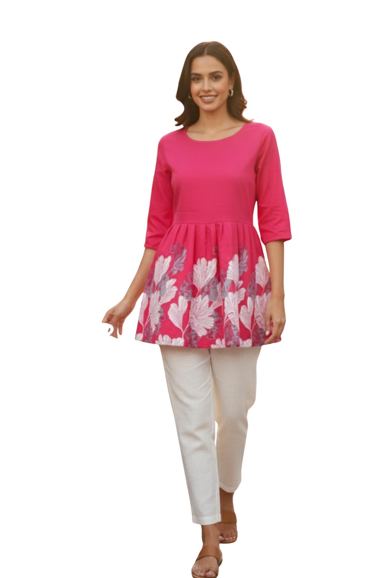 rangmohini Women’s Cotton-Blend Short Kurti Top with Floral Printed Flared Hem, Round Neck, 3/4th Sleeves, Casual Tunic for Women and Girls-picture-10