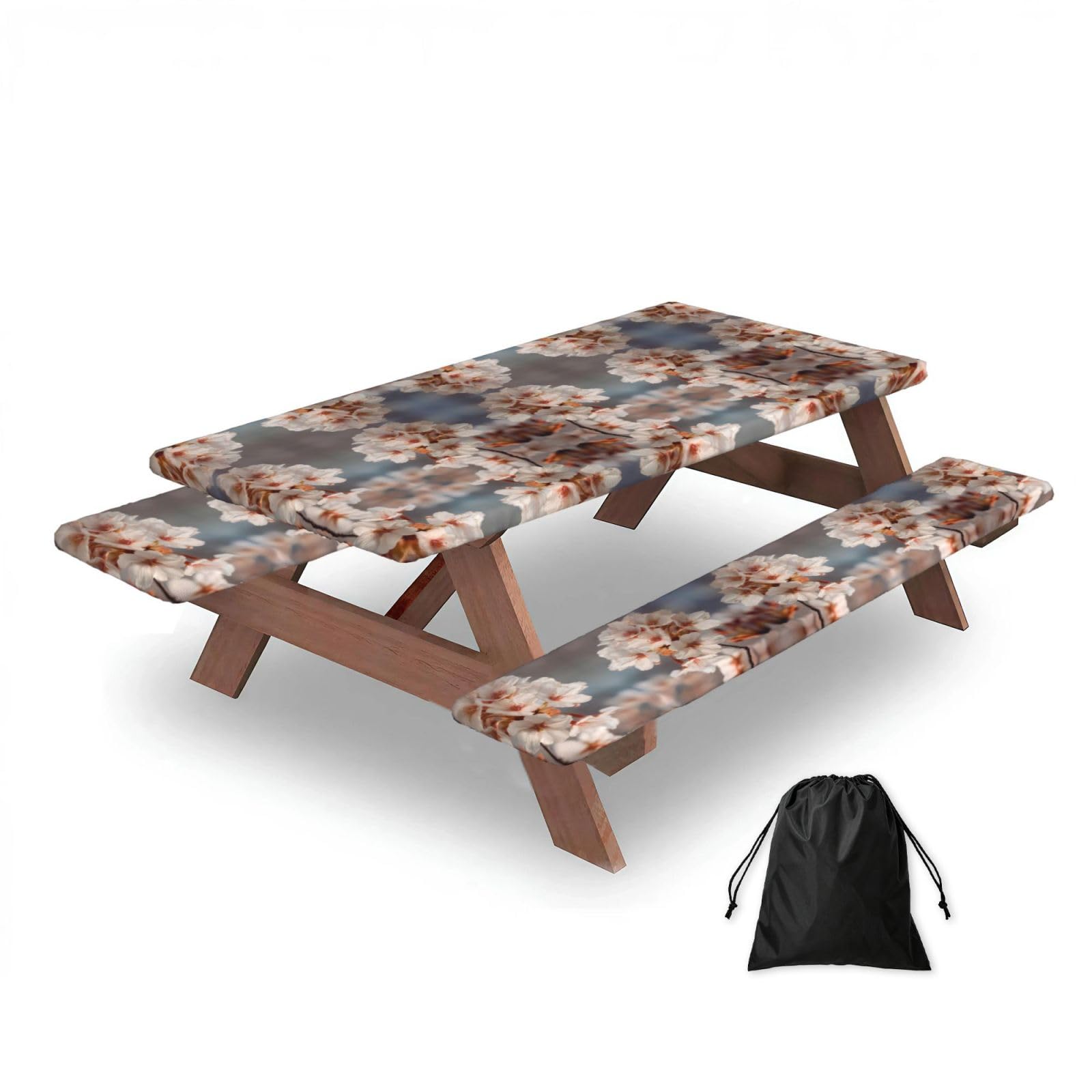 ESNAIUVCD Cherry Blossoms Print Picnic Table Cover With Bench Covers,Camping Essentials,Fitted Tablecloth Cover With Elastic Edge, For Indoor & Outdoor 3 Pcs