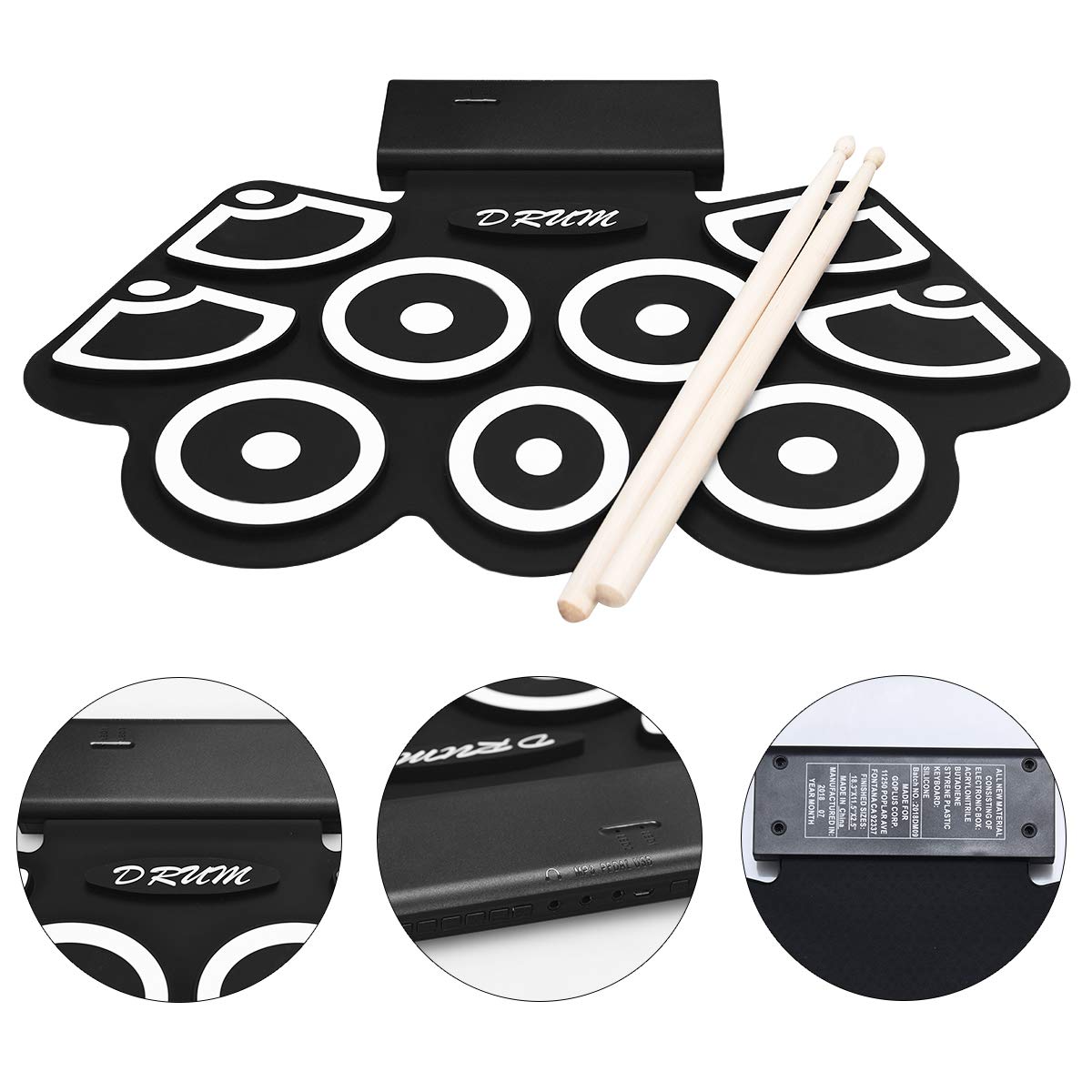 COSTWAY 9 Pads E-Drum, elektronisches Schlagzeug Set mit Bluetooth, Roll-Up-Trommel inkl. Pedale und Drumsticks für Kinder und Anfänger, schwarz