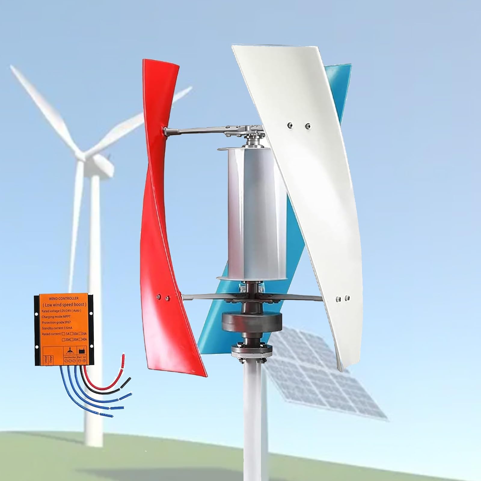 20000W Vertical Wind Generator, 12V 24V 48V Output Wind Turbine with Controller, Aerodynamic Design, 3 Blades, Auto Windward Adjustment, Ideal for Boats, Gazebos and Mobile Homes(Colorful,12V)