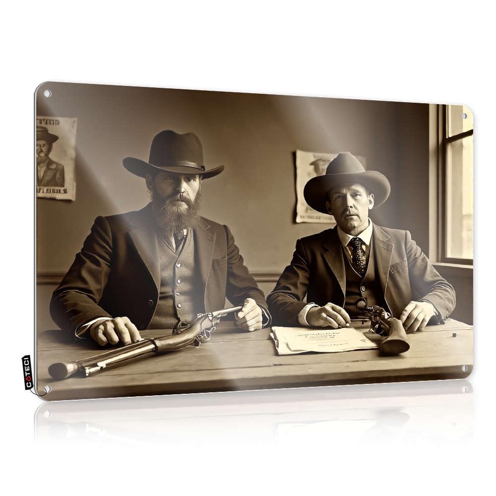 Decaor Personalized Matal Sign - Two Men In Cowboy Hats Holding Guns. Clean Metal Wall Art Ready To Hang For Cave(20X30CM)