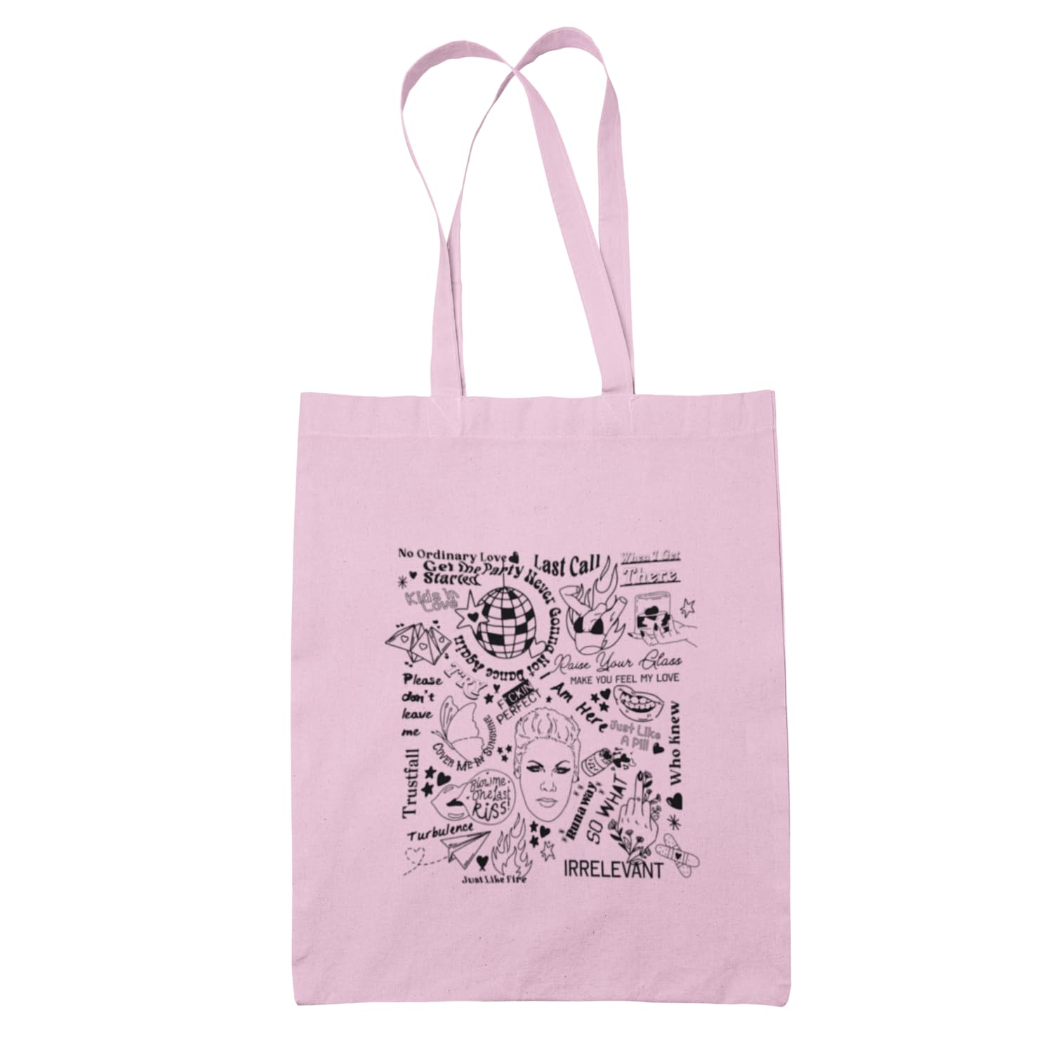 Willow Gifts P!!NK Doodle Tote Bag - Pop Rock Trustfall Human Beautiful Trauma Stupid Girls Who Knew Carrier Shopper Shopping Bag (Baby Pink)