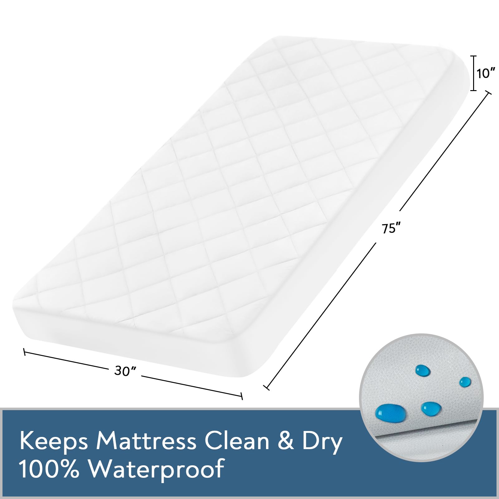 Protector de colchón para cuna, impermeable, acolchado, tamaño cuna, 30 x 75 pulgadas, para cama individual estrecha, transpirable, suave, para dormir en campamento, color blanco (solo funda)