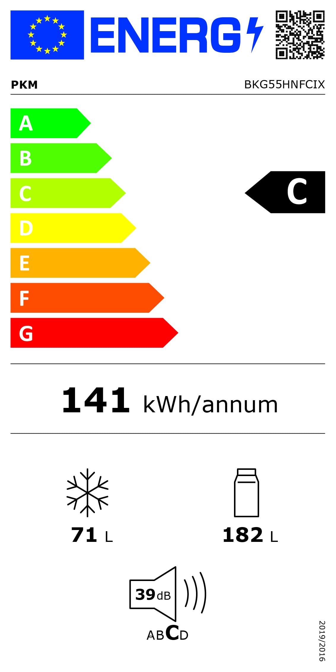 PKM BKG55HNFCIX lodówko-zamrażarka | Inox Design | 182 l chłodzenia | zamrażanie 71 l | klasa efektywności energetycznej C | oświetlenie LED | tryb szybkiego zamrażania | 141 kWh | wolnostojąca