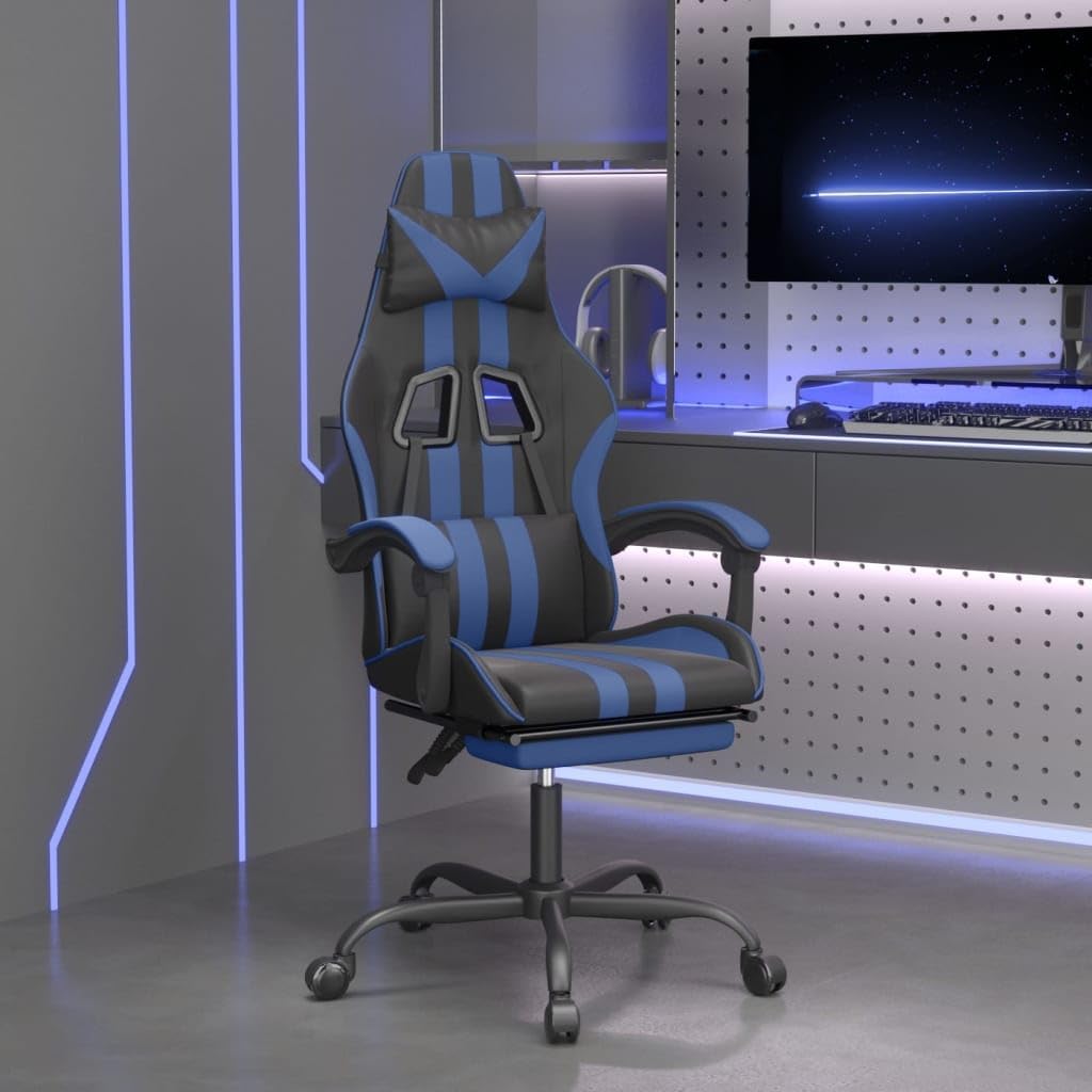 Gaming-Stuhl mit Fußstütze Kunstleder Ergonomischer Bürostuhl Drehstuhl 135° Neigbar Massage-Lendenkissen Schwarz Blau