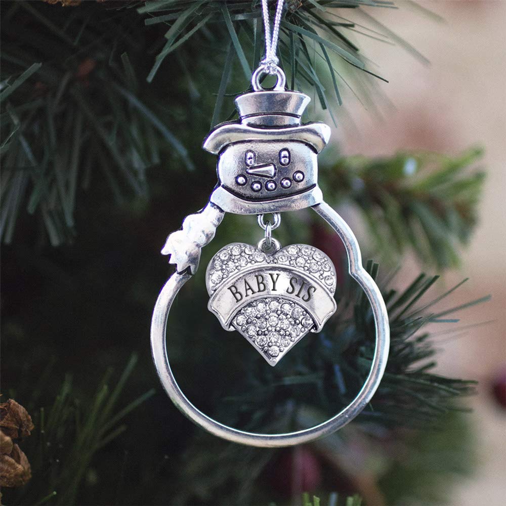 Inspired Silver - Baby Sis Charm Ornament - Silver Pave Heart Charm Snowman Ornament with Cubic Zirconia Jewelry