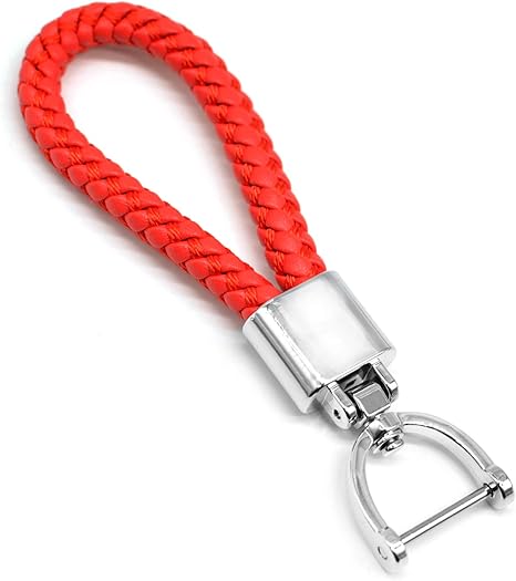 FEYOUN Universal Red Leather Car Fob Keychain Metal Keyring Woven Strap Braided Rope Key Chain for Men and Women - Silver Color, with 360 Degree Rotatable D-ring and Screwdriver