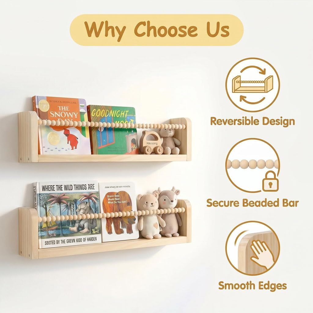 Set of 2 Floating Book Shelf for Wall, Natural Solid Wood Wall Mounted Shelves with Beaded Bar, Hanging Bookshelves for Bedroom, Living Room & Home Office Display (Standard Set)