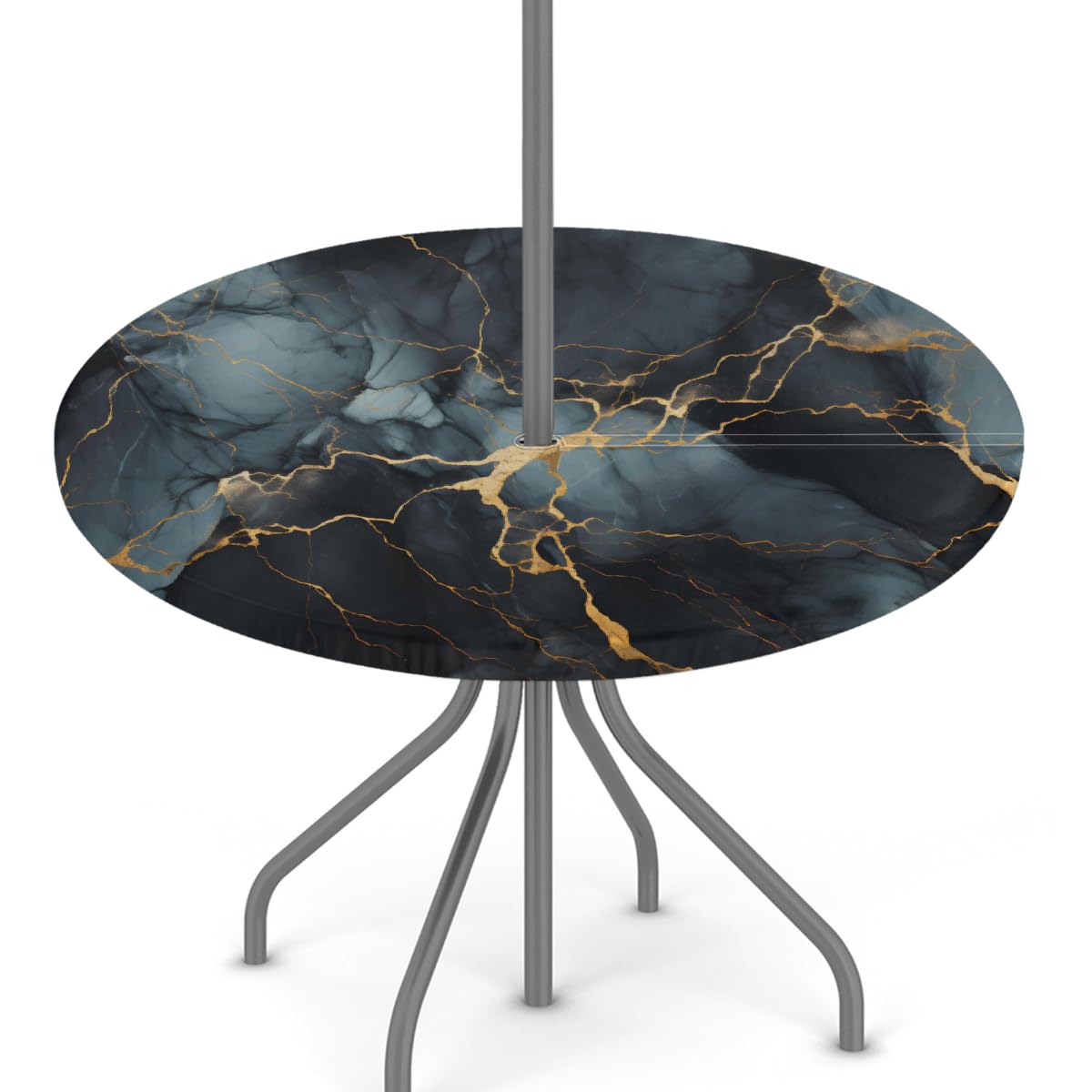 Mexpekil Outdoor Table Cloth with Umbrella Hole Zipper, Teal Black Gold Marble Round Table Cover Elastic Edge Waterproof Fitted Tablecloth for Patio Picnic Outside