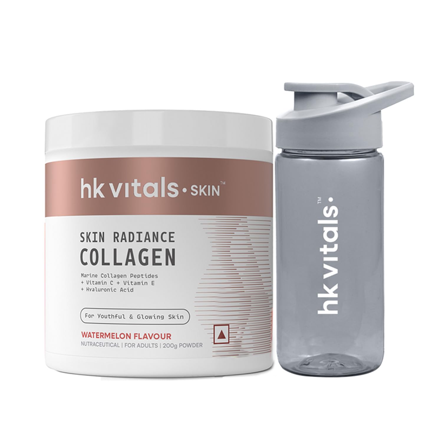hk vitals Skin Radiance Marine Collagen Supplement (Watermelon, 200g) & Sipper Bottle (Grey, 300ml) | With Vitamin C & E | For Healthy Skin, Hair & Nails