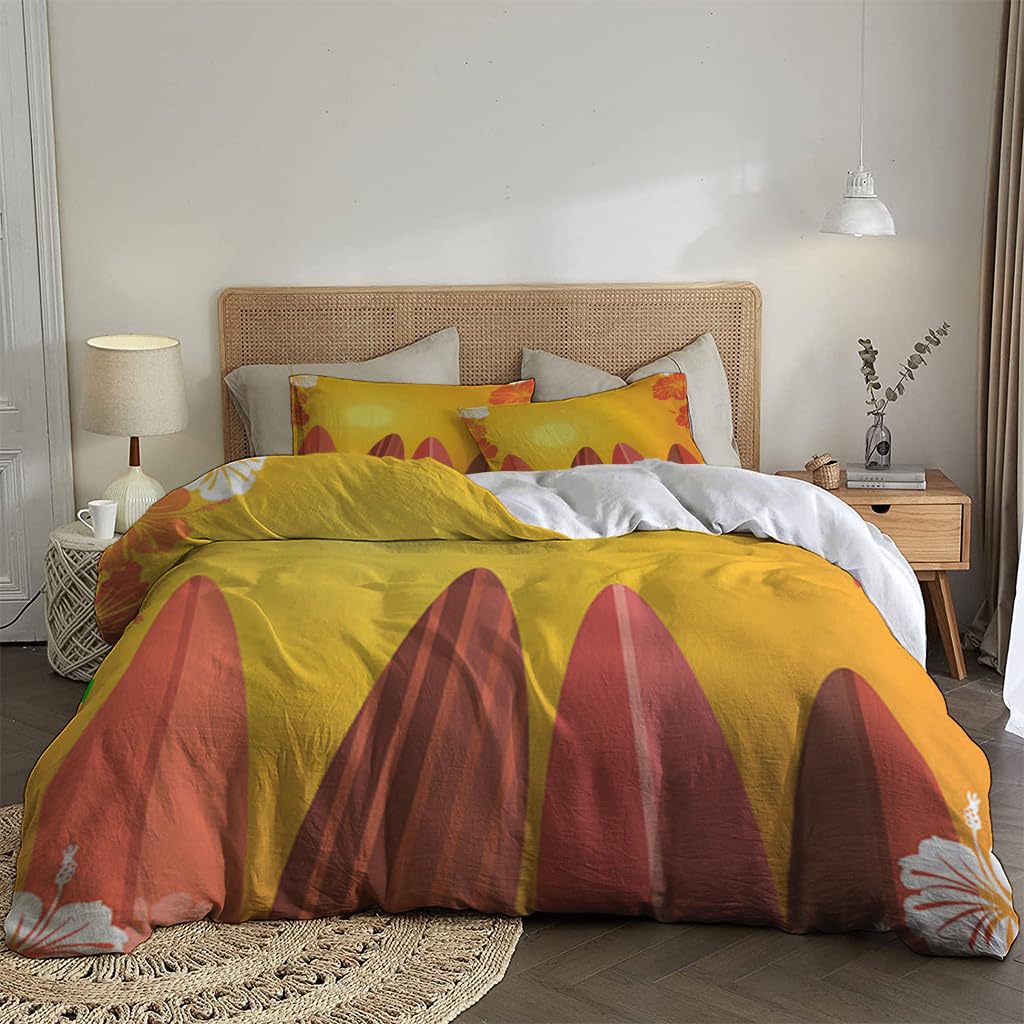 NIBAINLO 布団カバーハワイアンサーフボードとハイビスカスの花 肌に優しい ピーチスキン加工 掛け布団カバー 和式 洋式 あったか 布団カバーセット リバーシブル ホームステイ ホテル 家庭兼用