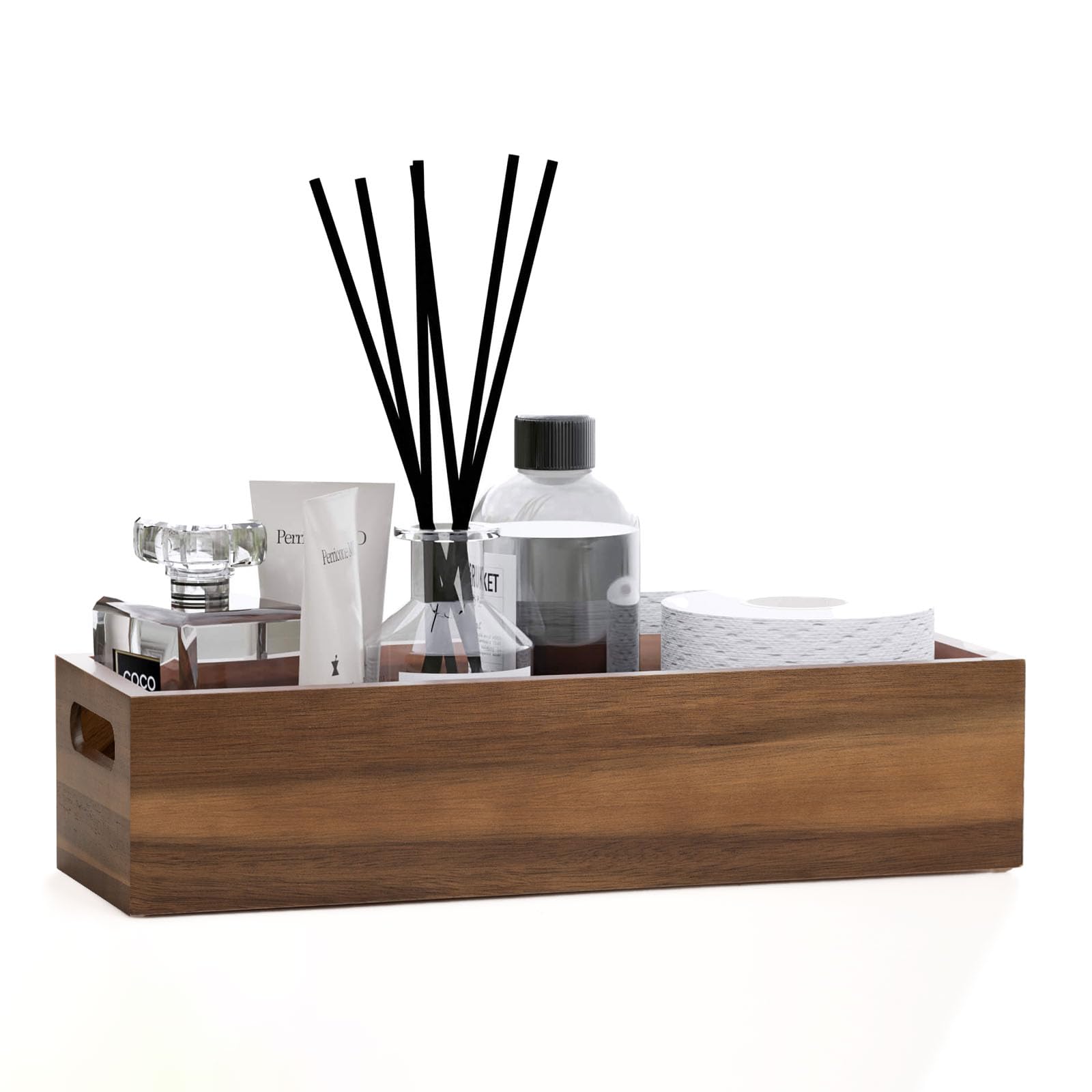 Natural Acacia Hardwood Bathroom Tray with Handles for Organizing Toiletries and Accessories - Large 16.5x6 in Size for Countertop, Shelf, or Tank Top Storage