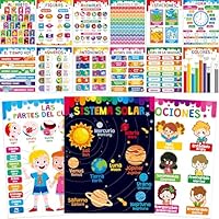 15 Packs Spanish & English Educational Posters, Thick Elementary Bilingual Poster Waterproof & Tearproof with PET Film, Early Language Learning Tool Educational Posters for Kindergarten Preschool