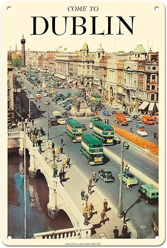 Pacifica Island Art Cartel de viaje vintage con texto en inglés Come To Dublin Ireland O'Connell Street Vintage Travel Poster c.1950s 8 x 12
