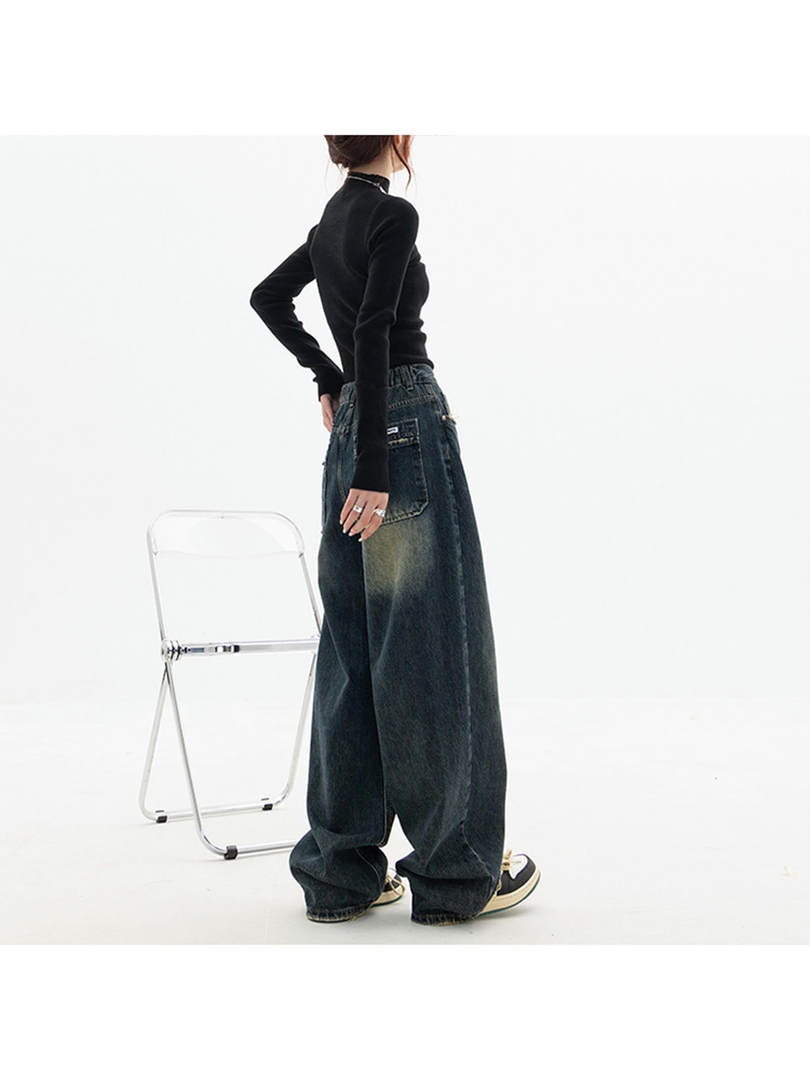 Moda Americana Streetwear Jeans a Gamba Larga Pantaloni di Jeans Femminili Pantaloni di Jeans Larghi Jeans Vintage Blu a Vita Alta da Donna Y2K-Blu Profondo-M
