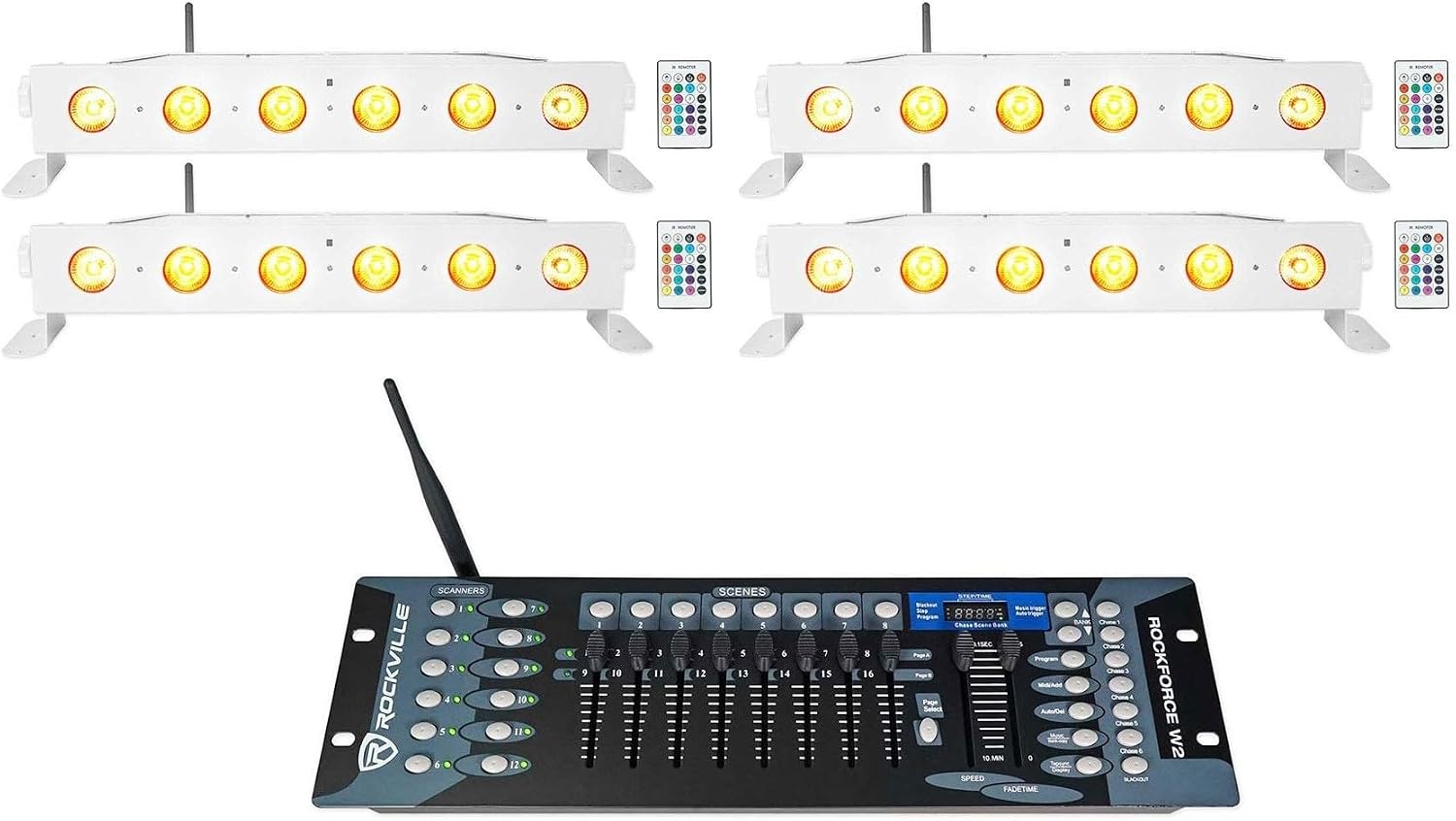 Rockville Best Strip 60 Bundle: (4) Rechargeable White Wash Light Bars with Wireless DMX, ROCKFORCE W2 192-Channel Wireless DMX Lighting Controller, 5-Items