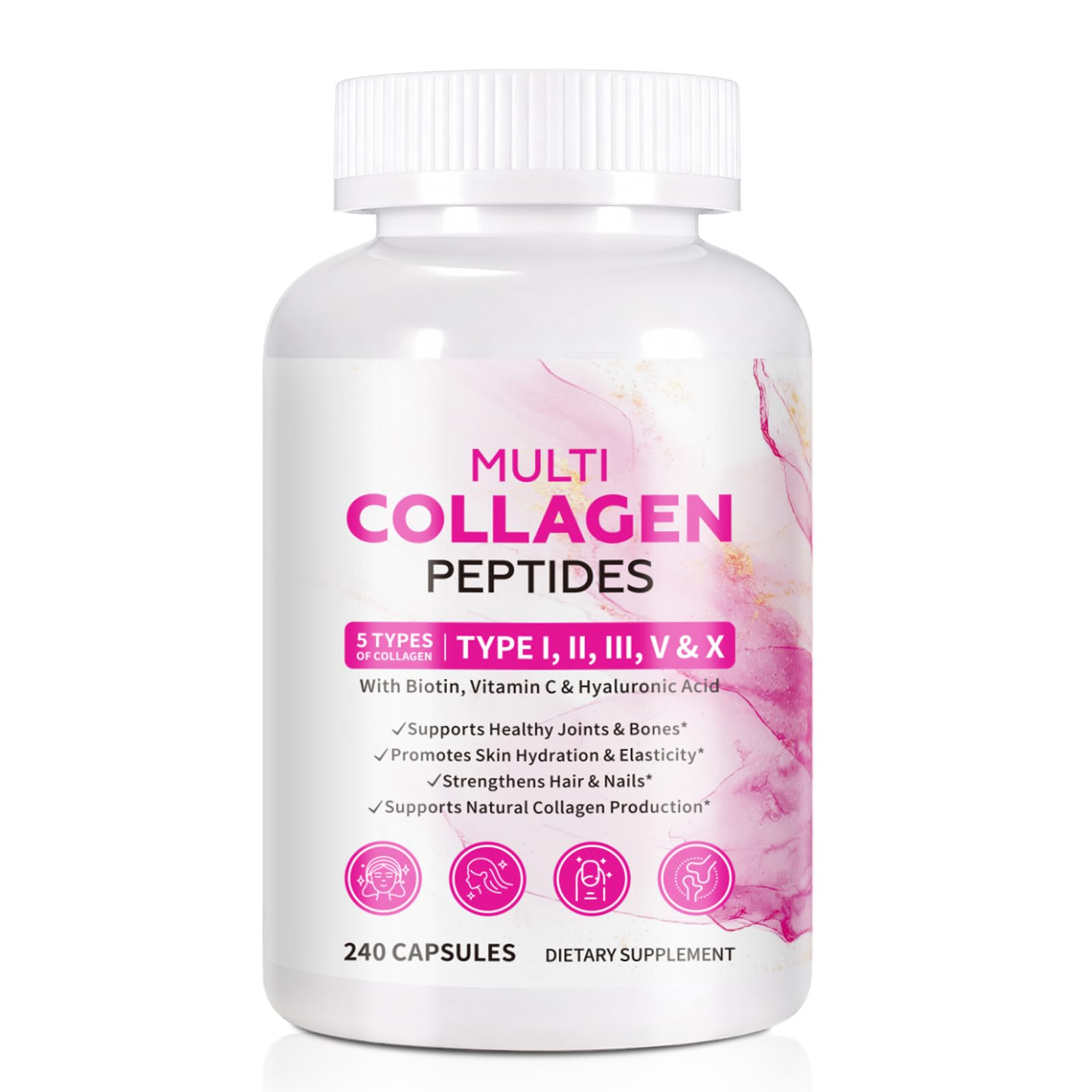 Multi Collagen Peptides 240 Capsules with Types I II III V X Hydrolyzed Peptides with Biotin Hyaluronic Acid