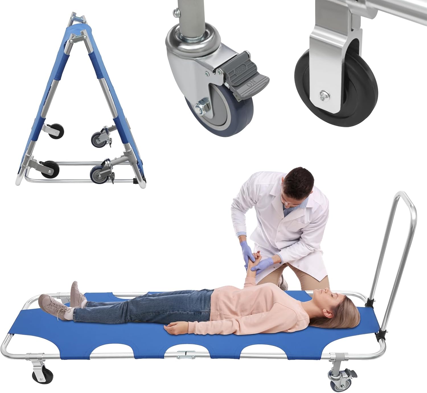 LYNICESHOP Folding Stretcher with Wheels, 350 lbs Capacity Aluminum Alloy Portable Stretcher for Emergency Rescue, Outdoor, First Aid, Hospital, Blue, Foldable & Ergonomic Design