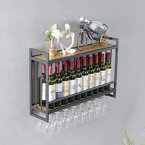 Rzgy Industrial Wine Racks Wall Mounted With Stem Glass Holder, 23.6In Rustic Metal Hanging Wine Holder Wine Accessories, 2-Tiers Wall Mount Bottle Holder Glass Rack #TOP5