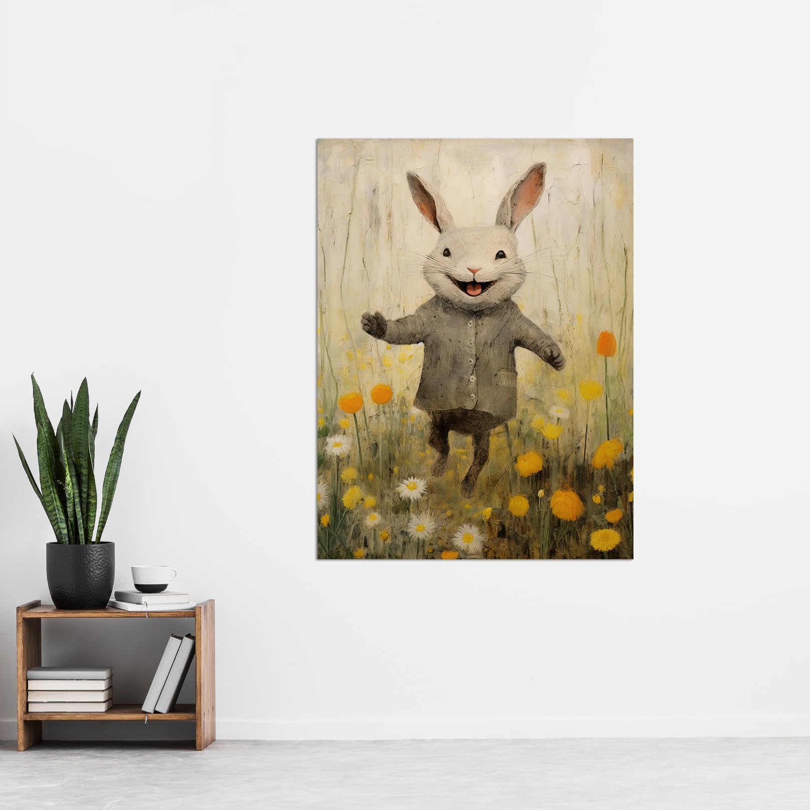 Artery8 Raincoat Rabbit Happy Bunny Flower Meadow Kids Girls Bedroom Nursery Artwork Extra Large XL Wall Art Poster Print - Image 2