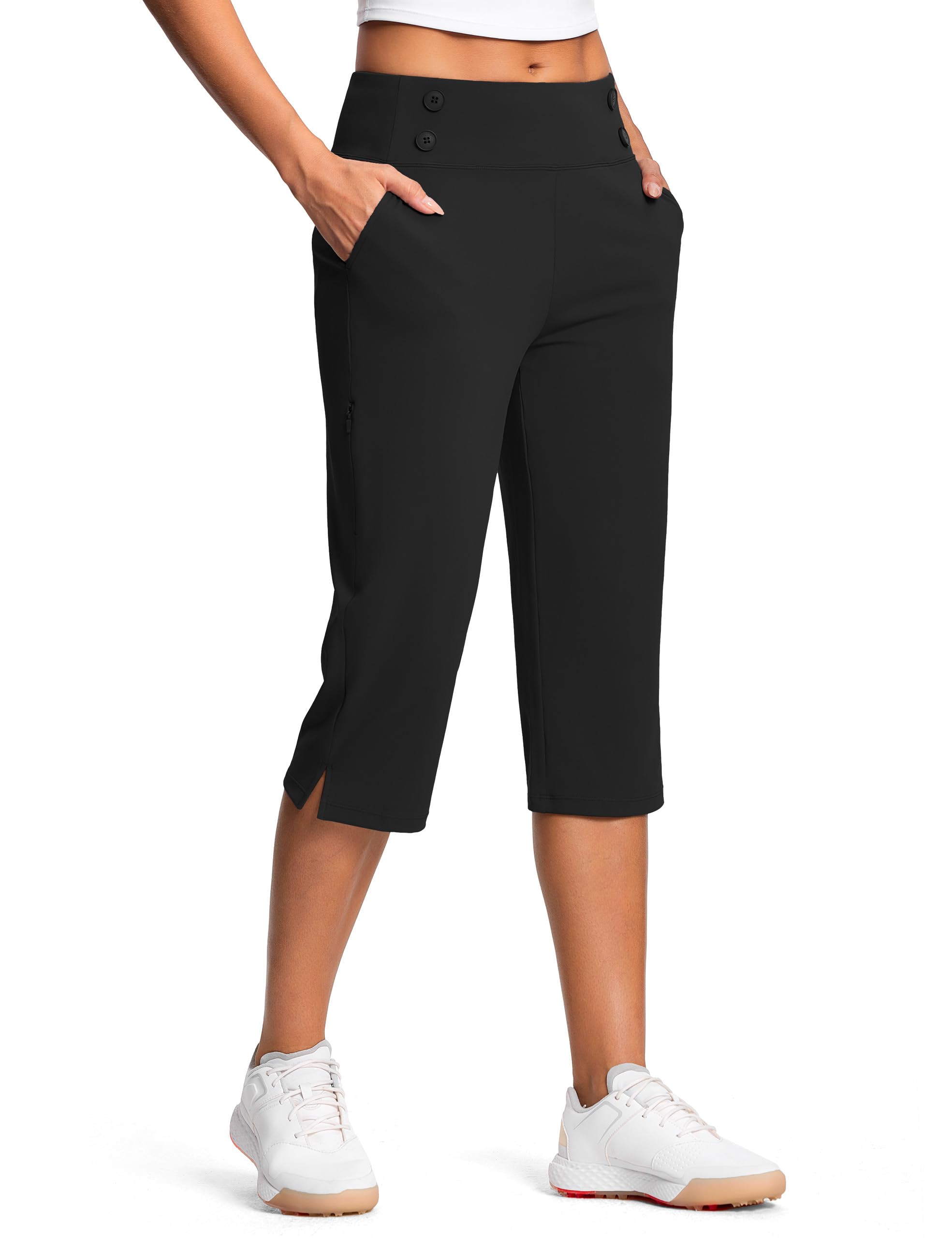 ISEE Pantaloni capri da golf da 45,7 cm, a vita alta, elasticizzati, da donna, con tasche, estivi, da lavoro, casual