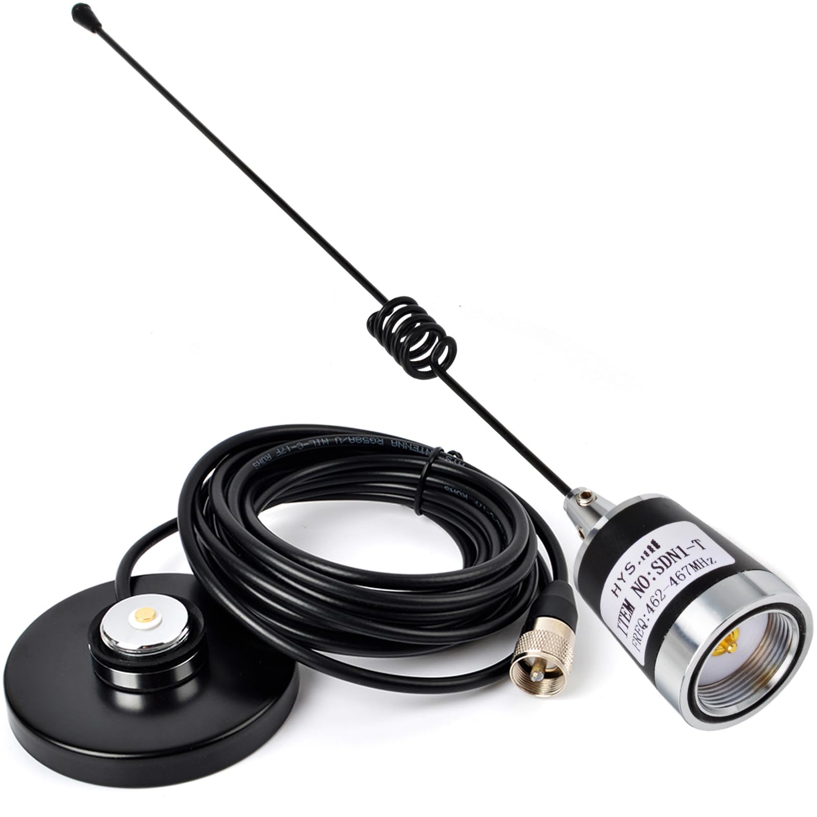 HYS 462-467 MHz UHF Pre-Tuned NMO Amateur GMRS 17.7inchs Whip Antenna with Heavy Duty NMO Magnet Mount with Rubber Boot, 3.54inchs Mag Mount 16.4ft Cable with PL-259