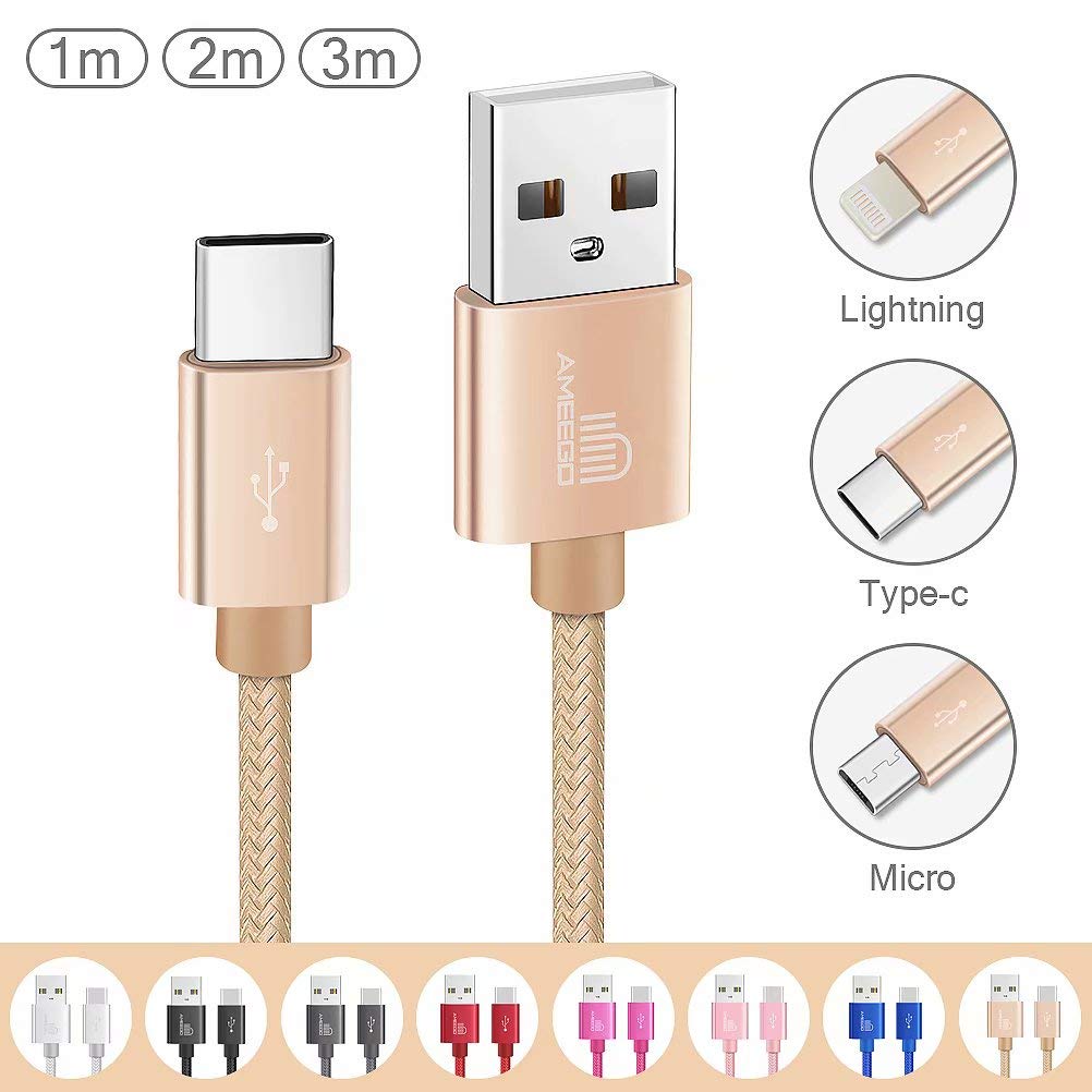 ameego[3Pack 1m+2m+3m] 3.1A High Speed strong Nylon Braided USB C 3.1 Type-C Data Sync Charging Reversible Charge Cable Mobile Accessories for mobile phones, Nintendo Switch all Type-C Devices (Gold)