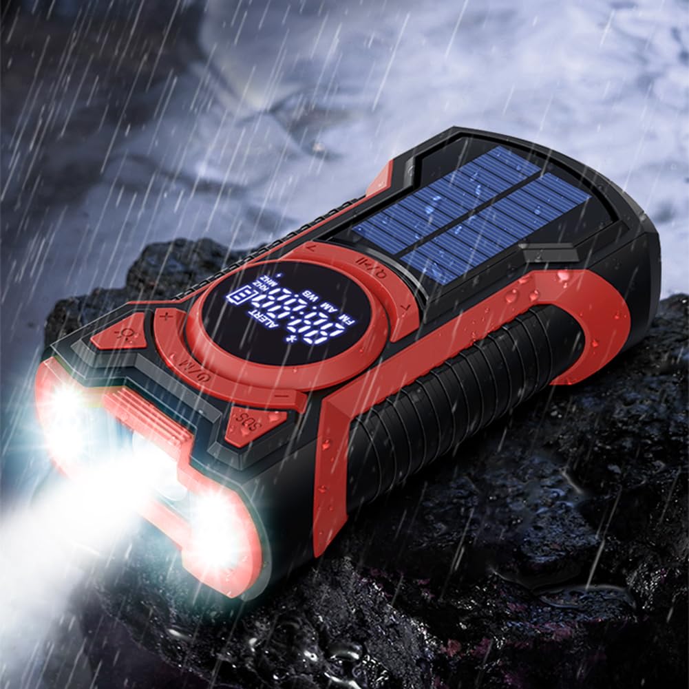 Juchrzeey Solar wielopasmowe Wodoodporne radio Wodoodporne ręczne korba przenośna awaryjna Radio 5000MAH -Compatible5.3 LED LED LED LED LIDY SOS dla przetrwania na zewnątrz (czerwony)