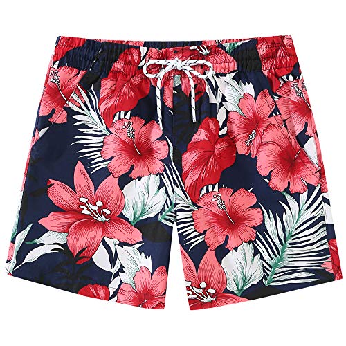 SSLR Big Boy's Printed Casual Quick Dry UPF 50+ Beach Hawaiian Swim Trunks (Small, Navy Red)