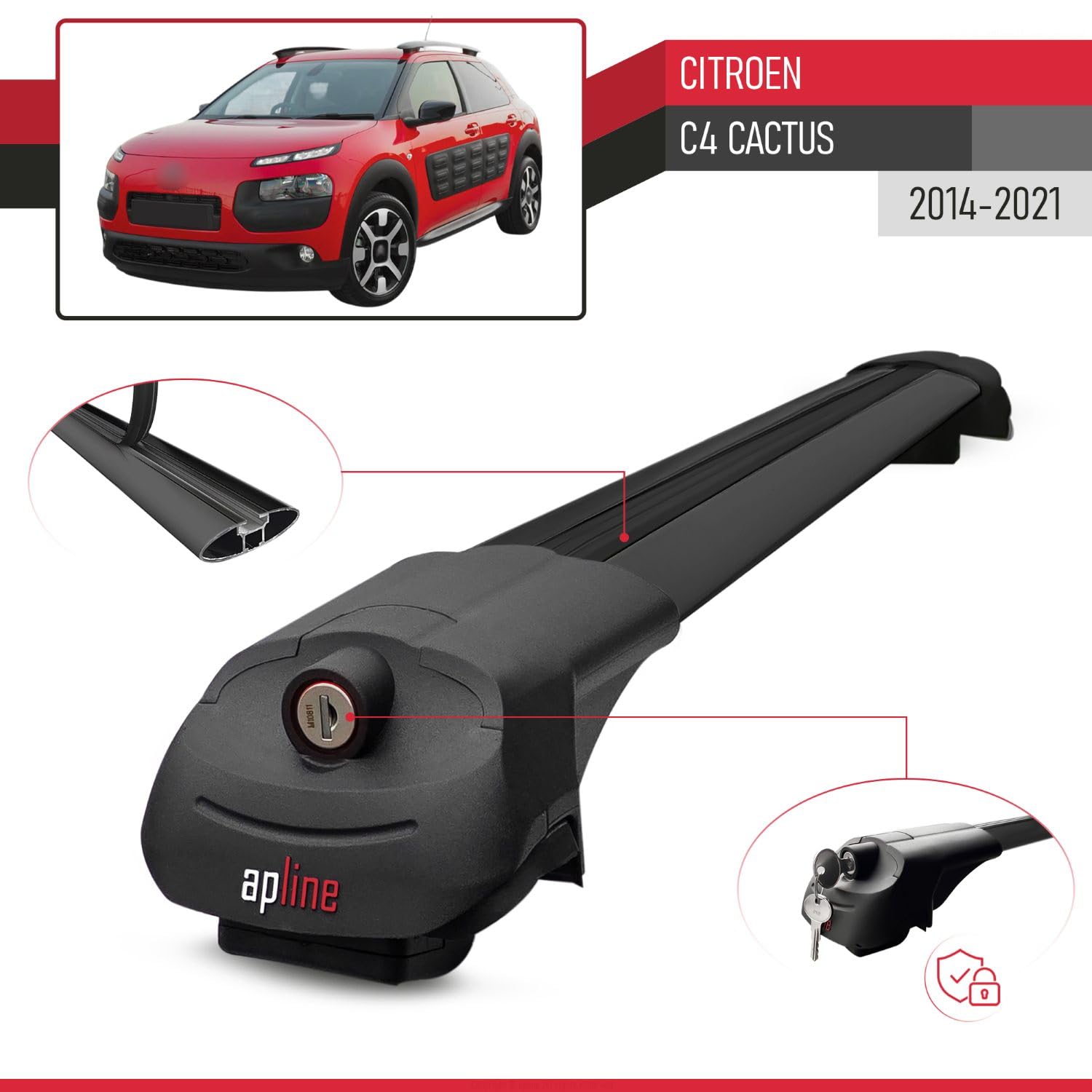 Pasuje do Citroen C4 Cactus 2014-2021 ACE-1 relingi dachowe bagażnik samochodowy, czarny, aluminium, 2 pręty