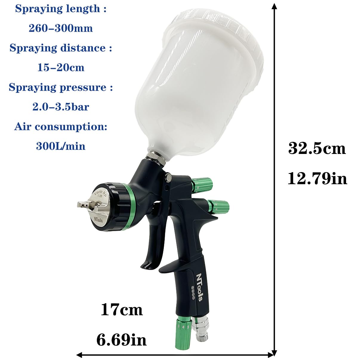 HVLP Pistola pulverizadora de aire profesional con alimentación por gravedad, boquilla de 1.3mm con taza de plástico de 600cc, pistola pulverizadora para pintura y barniz de automóviles